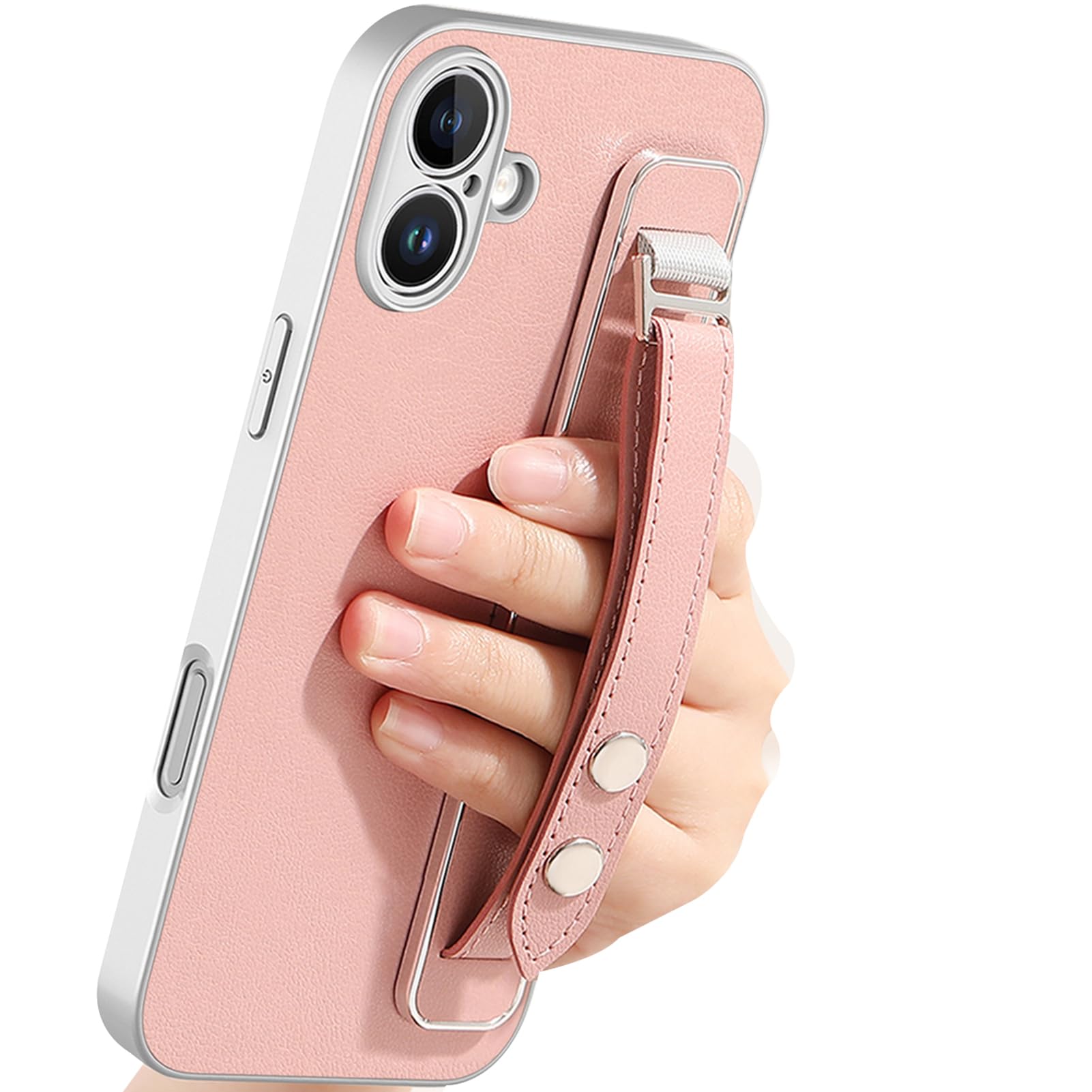 LUOTANL Slim Case for iPhone 17 Pro Max/17 Pro/Air/17, Wrist Strap Leather Plating Luxury Case Business Style Lens Shockproof Cover,Pink,Air