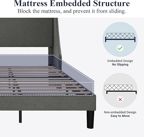 Miniatura 39 de Allewie Marco de cama de plataforma moderna, tamaño queen con respaldo de orejas, tapizado, con cabecera, soporte de listones de madera, base de