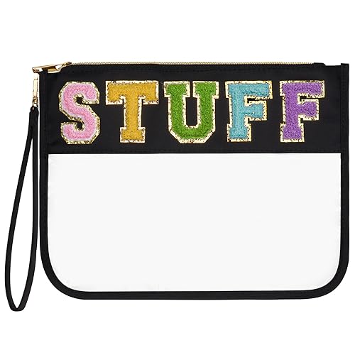 Bolsa de cosméticos de nailon con parche de letras universitarias de chenilla, organizador de bolsas de viaje para el cuidado de la piel para