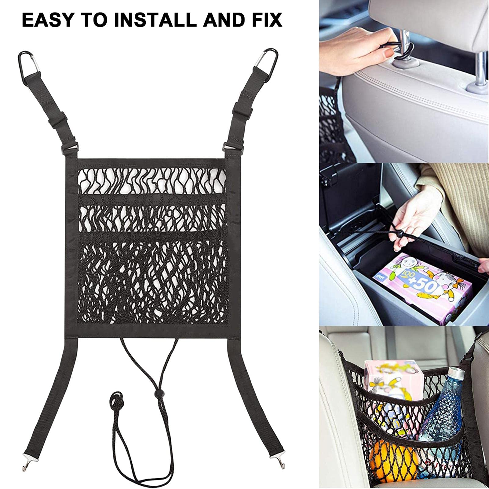 3-Layer Car Seat Back Organizer - Mesh Storage Net For Pet Barrier & Kids Toy Storage