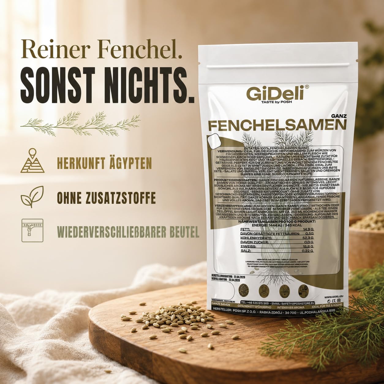 GiDeli Fenchelsamen Ganz aus Ägypten 3x5kg - 100% Naturrein & ohne Zusatzstoffe - Premium Fenchelsaat für Fencheltee, Kräutertee & Brotgewürz - Mediterrane Würze mit Anisnote