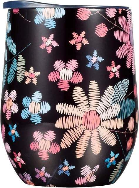 Travel Coffee Mug Cup with Lid for Wine, Drinks, Champagne, Cocktails,Milk,Ice Cream,12 oz Double Wall Vacuum Insulated Stainless Steel Stemless Wine Glass Flower