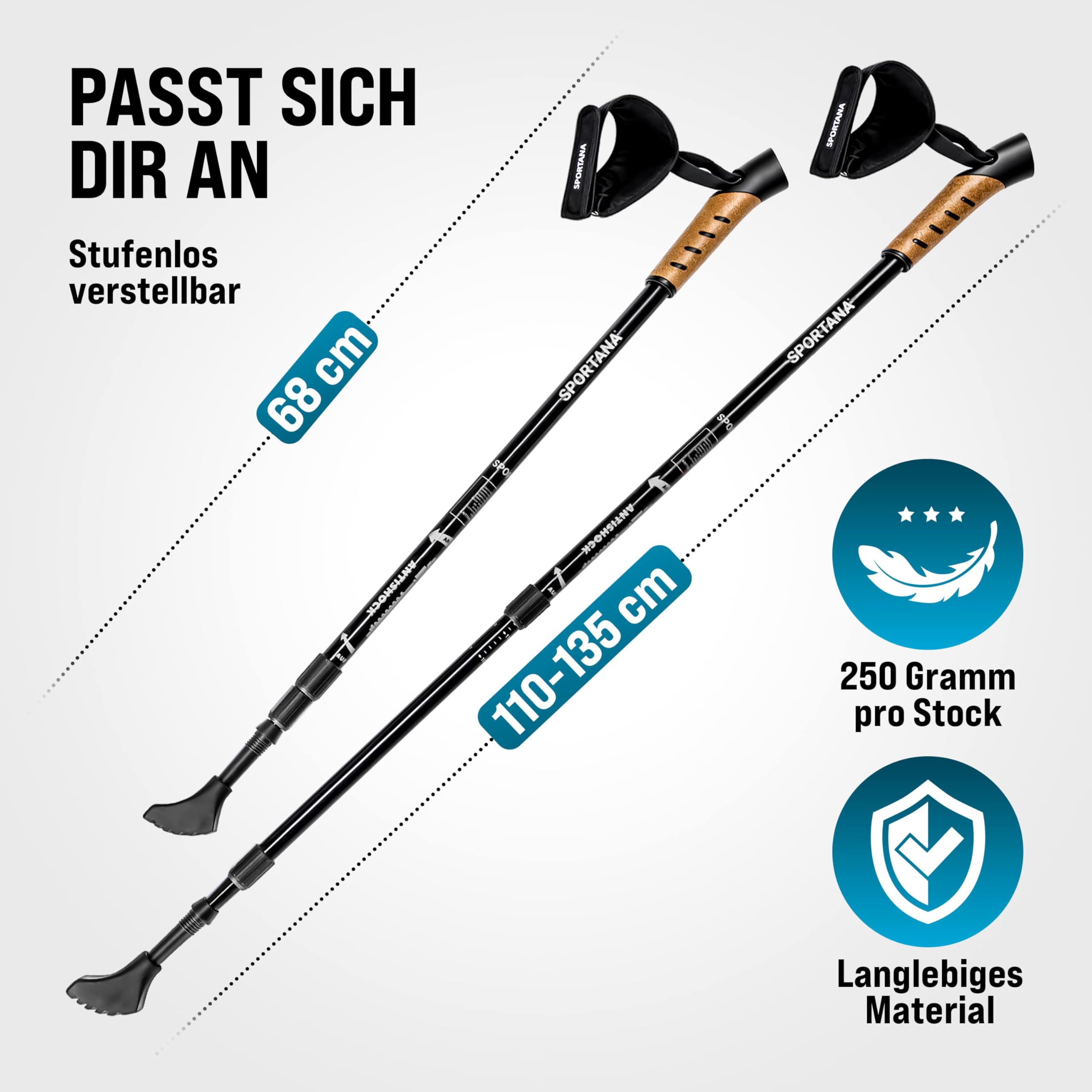 Wanderstöcke Teleskop Aufsätze Gummipuffer Nordic Walking Stöcke Verstellbar 68-135cm Dämpfung Leicht Alu Kork Herren Damen Trekkingstöcke