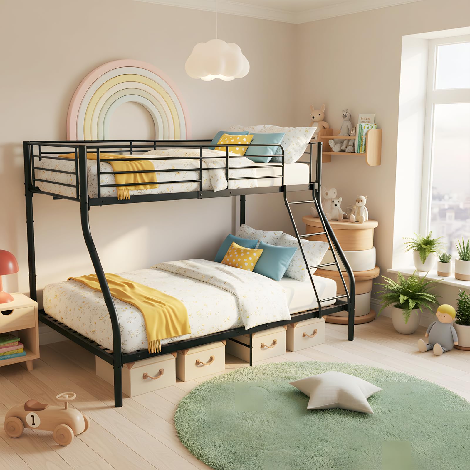 EGGREE Etagenbett Kinderbett 90x200 cm & 140x200 cm aus Metall, Schwarz | Metallbett mit Lattenrost, Leiter und Rausfallschutz, ideal für Kinderzimmer, Jugendzimmer und Gästezimmer