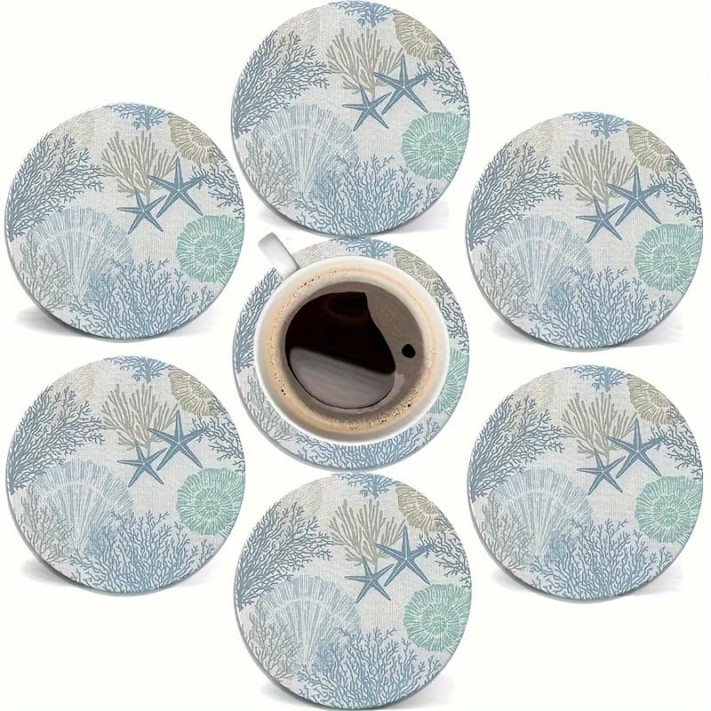 Image of 6pcs Coral Wooden Coaster Set- 4inch Round with Starfish and Patterns, Suitable Hot and Cold Beverage, Coffee Table Decoration, Home Housewarming, Ocean Theme Decoration, Surface,