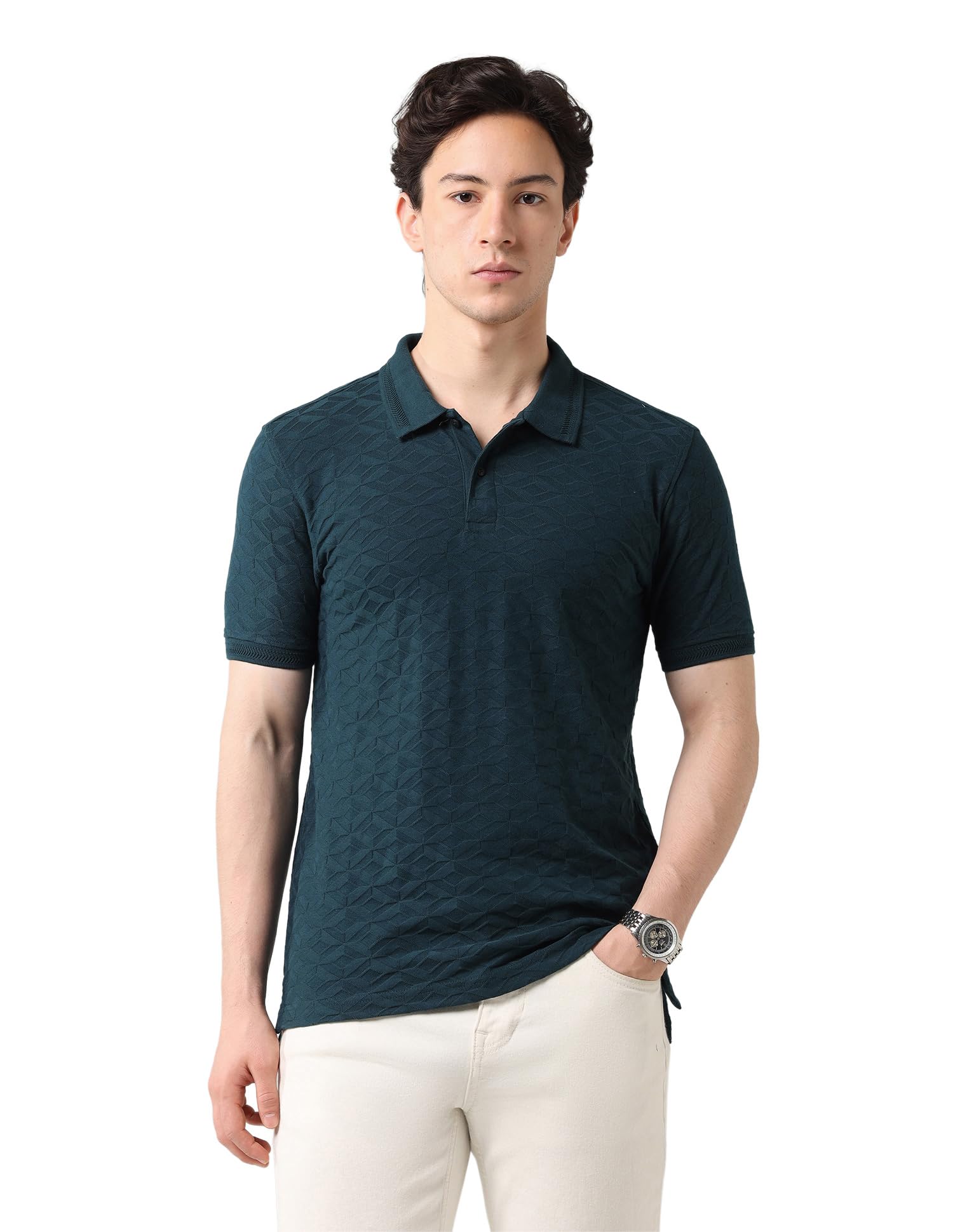 Horizontal Striped Regular Fit Polo Shirt Teal-image-0