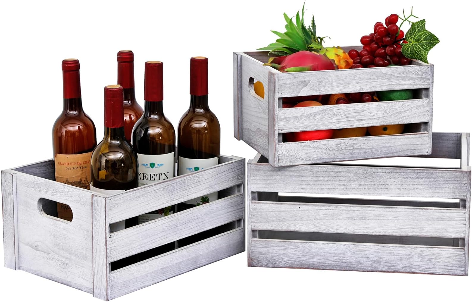 Decorative Wood Crates Nesting Crates Storage Container,Nature Rustic White Set of 3