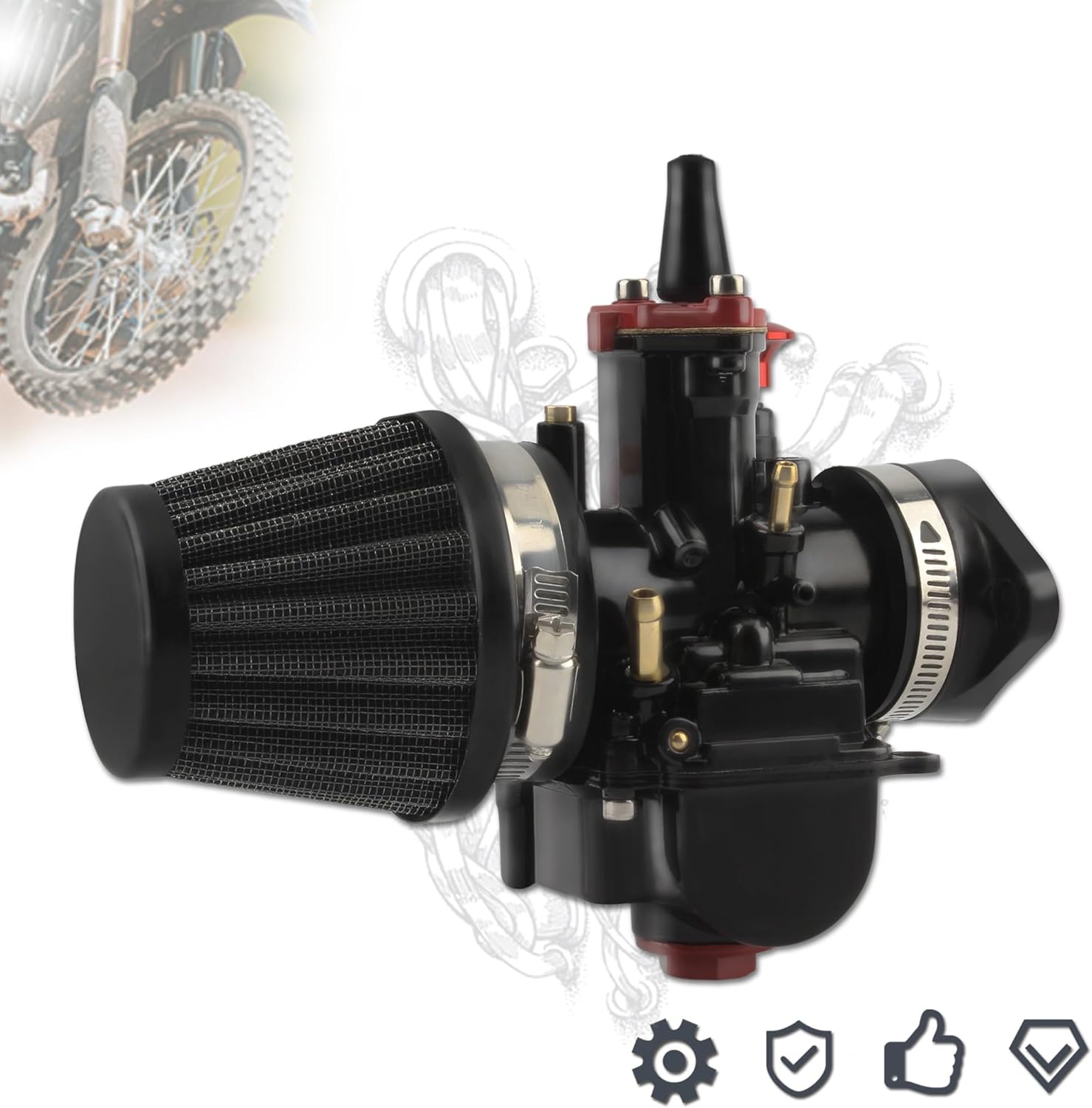 PowerMotor PWK 30mm Carburetor Set with Air Filter Intake Manifold Boot Jets Motorcycle Racing Carb Universal 125cc to 250cc 2T 4T Engine Dirt Bike Motocross Scooter ATV Quad Go Kart