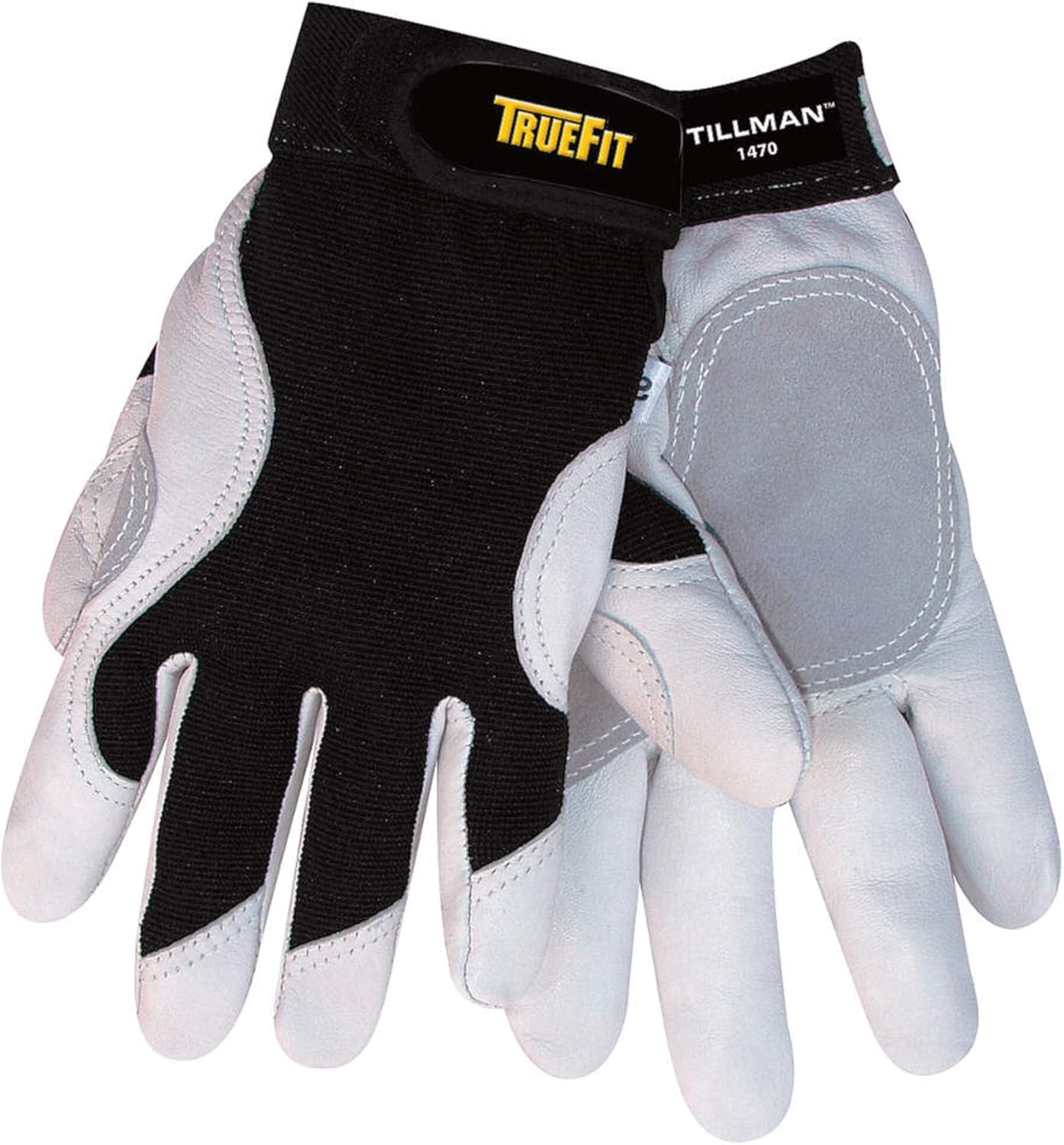 Tillman Medium Black And White TrueFit Premium Full Finger Top Grain Cowhide And Spandex Mechanics Gl oves With Elastic Cuff, Double Leather Palm, And Reinforced Thumb. Purc hase of 3 Pairs
