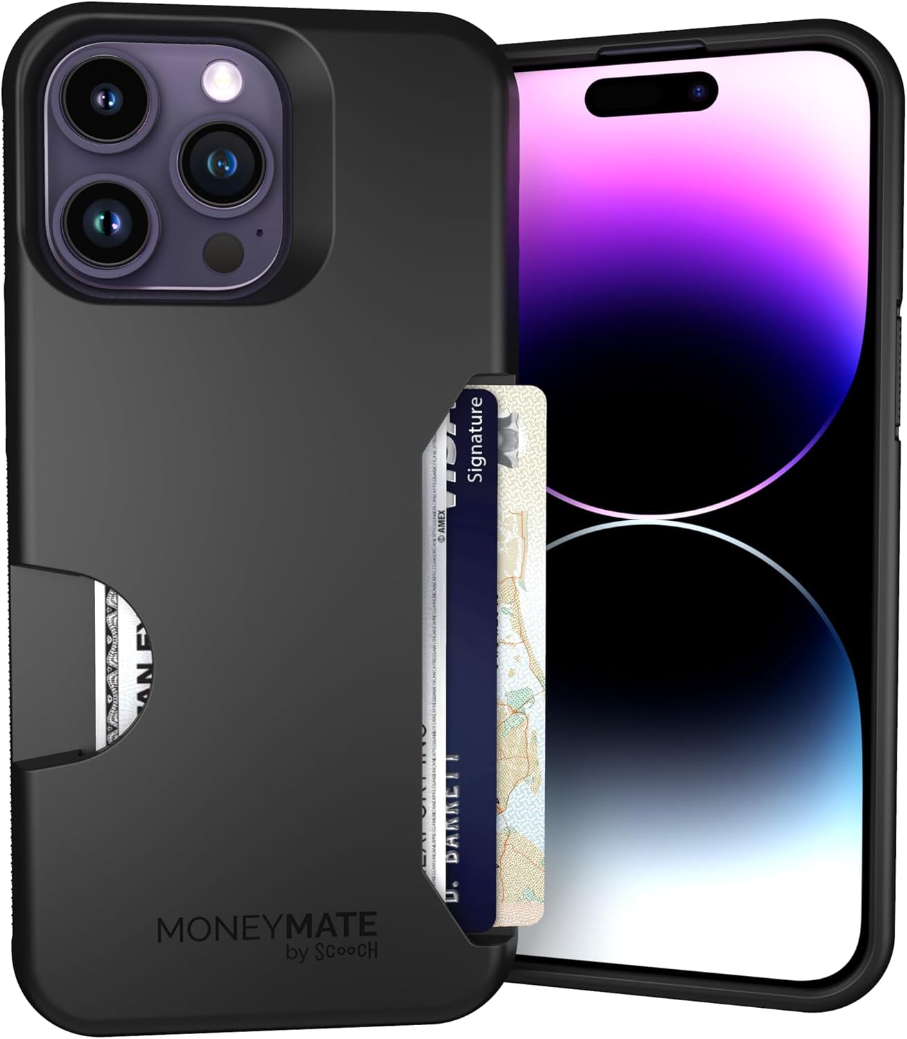 Scooch for iPhone 14 Pro Max Case with Card Holder, Moneymate Wallet Case with Hidden Card Slot and Protection for 4 Cards, 10-Foot Drop Protection, Black
