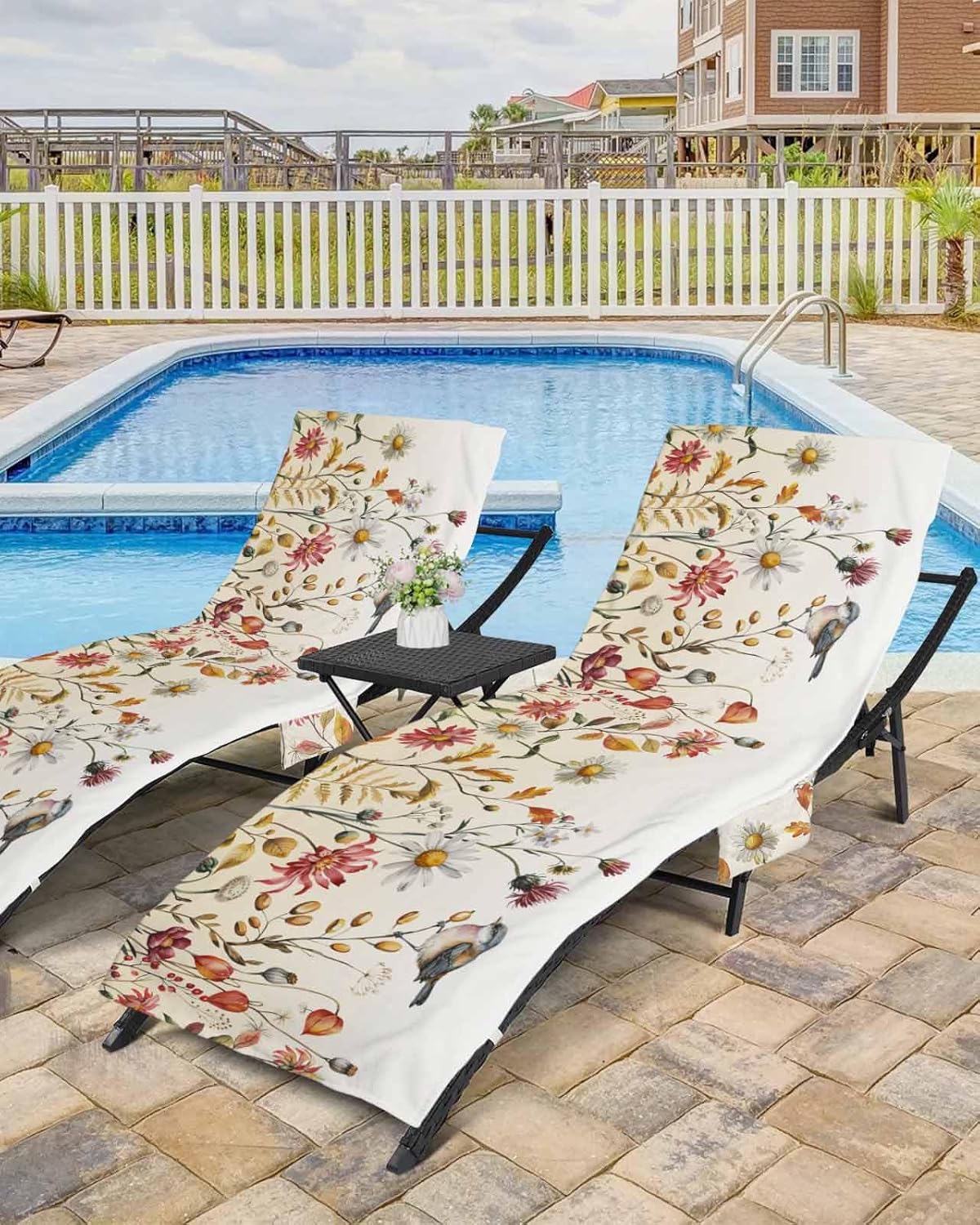 Fall Flower Bird Beach Pool Patio Lounge Chaise Chair Cover Towel With Pockets,Absorbent & Quick Dry Microfiber Towel Cover Bag Summer Sunbathing Accessories Farmhouse French Country Eucalyptus Leaves