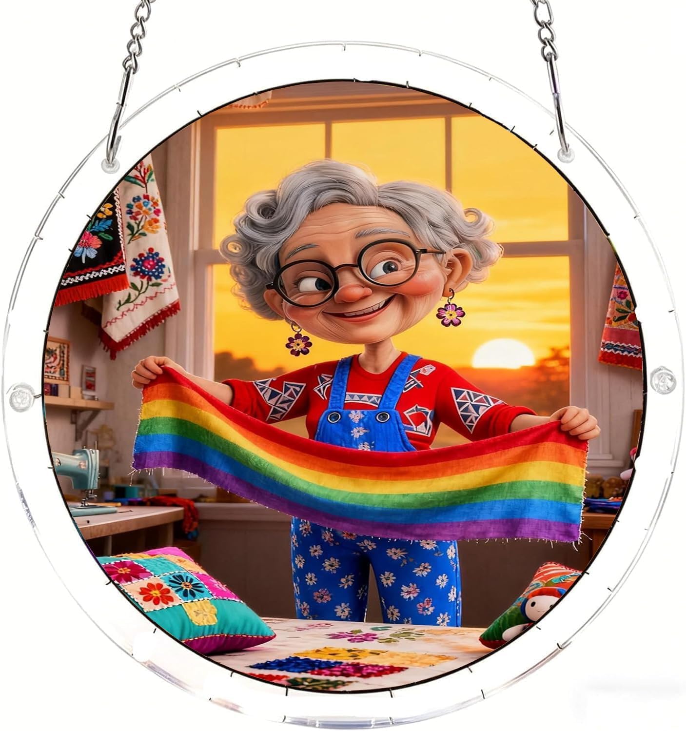 Tailor's Shop Grandma Acrylic Jigsaw Puzzles Suncatcher, 8.9 Inch Window Hanging Suncatcher Acrylic Puzzle, DIY Home Decor Art Gift
