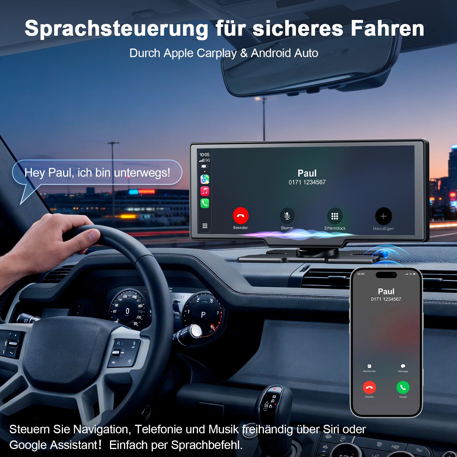Carplay Display für Apple Car Play Android Auto 10,26 Zoll Tragbares Wireless CarPlay mit 1080P Rückfahrkamera, Bluetooth 5.2 Sprachsteuerung Mirror Link AUX FM, GPS Navigation, unterstützt TF Karte