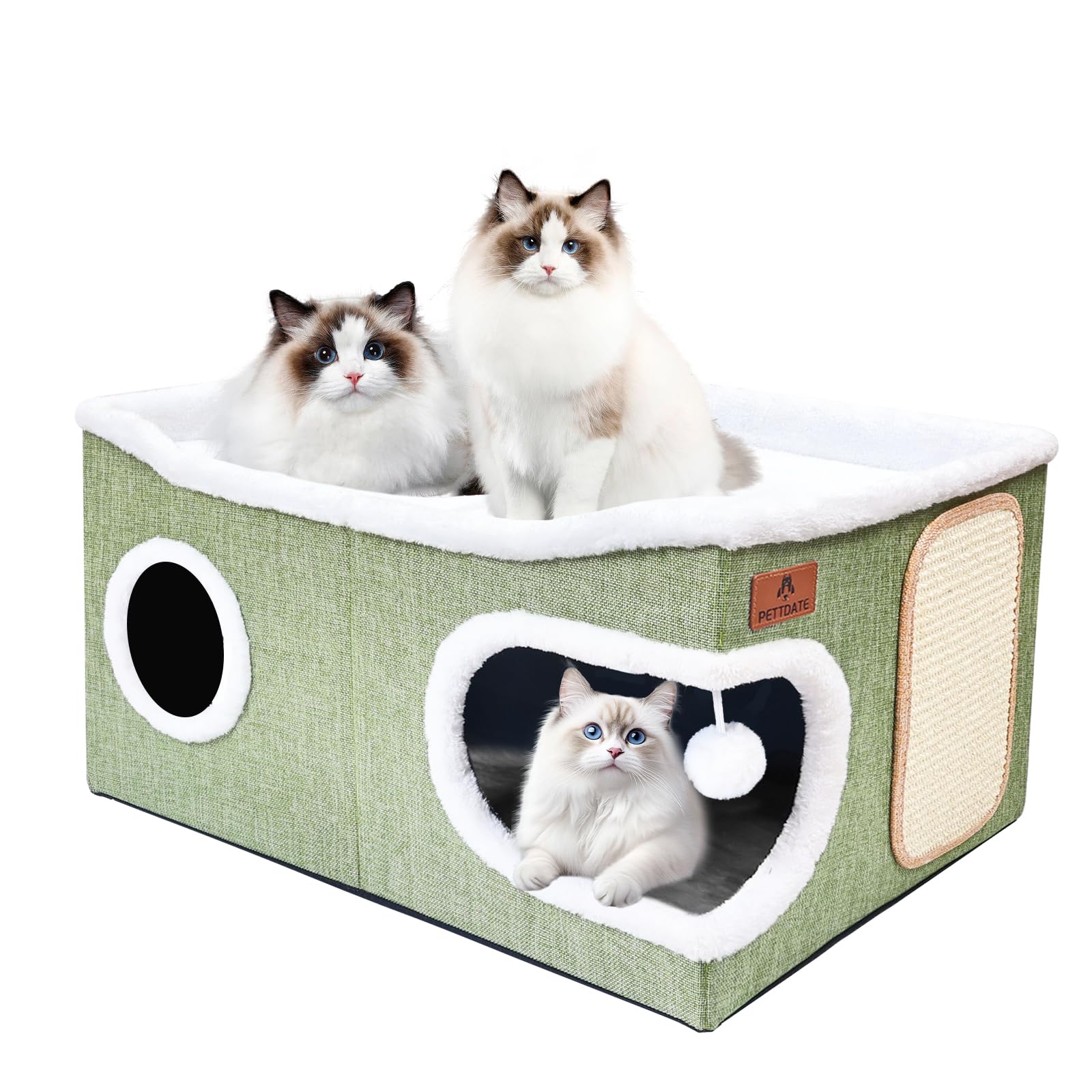 Extra-Wide Cat Beds for Indoor Cats, Large Cat Cave Bed with Scratch Pad and Fluffy Ball, Foldable Cat Hideaway with Reversible Cushion for Multi Small Pet Large Kitty, 60D x 43W x 32H cm, Green