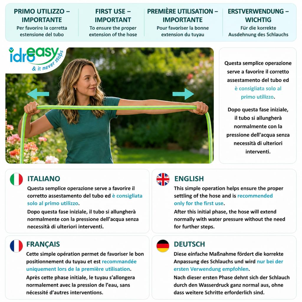 Idroeasy, manguera de jardín extensible de 30 metros con cabezal de ducha de 6 funciones y accesorios, manguera de jardín antitorsión y antinudos de 1/2", extensible hasta 3 veces, Made In Italy