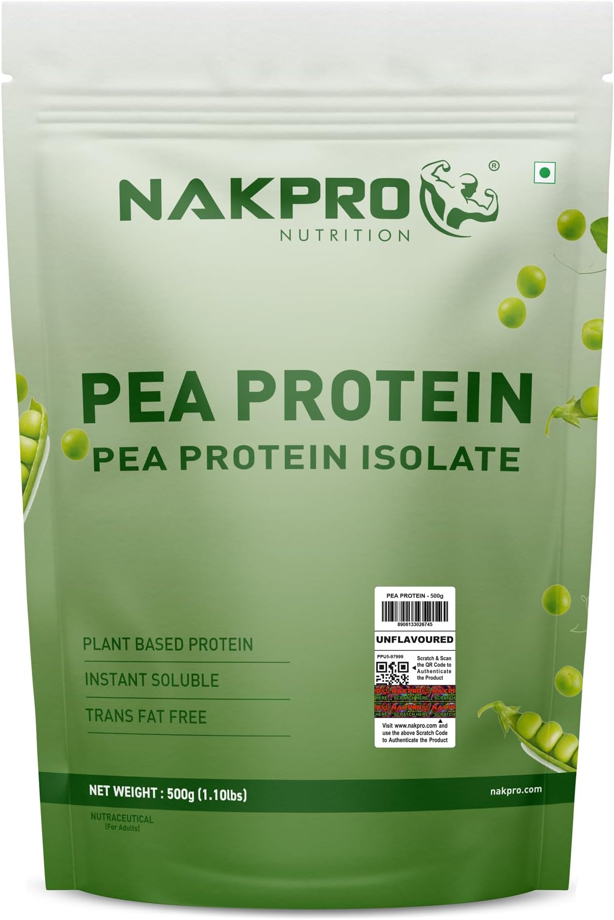 NAKPRO NUTRITION 100% Pea Protein Isolate, Unflavoured - 500g | 28.8g Protein| Plant Based Protein Powder| All Essential Amino Acids for Muscle Support and Recovery