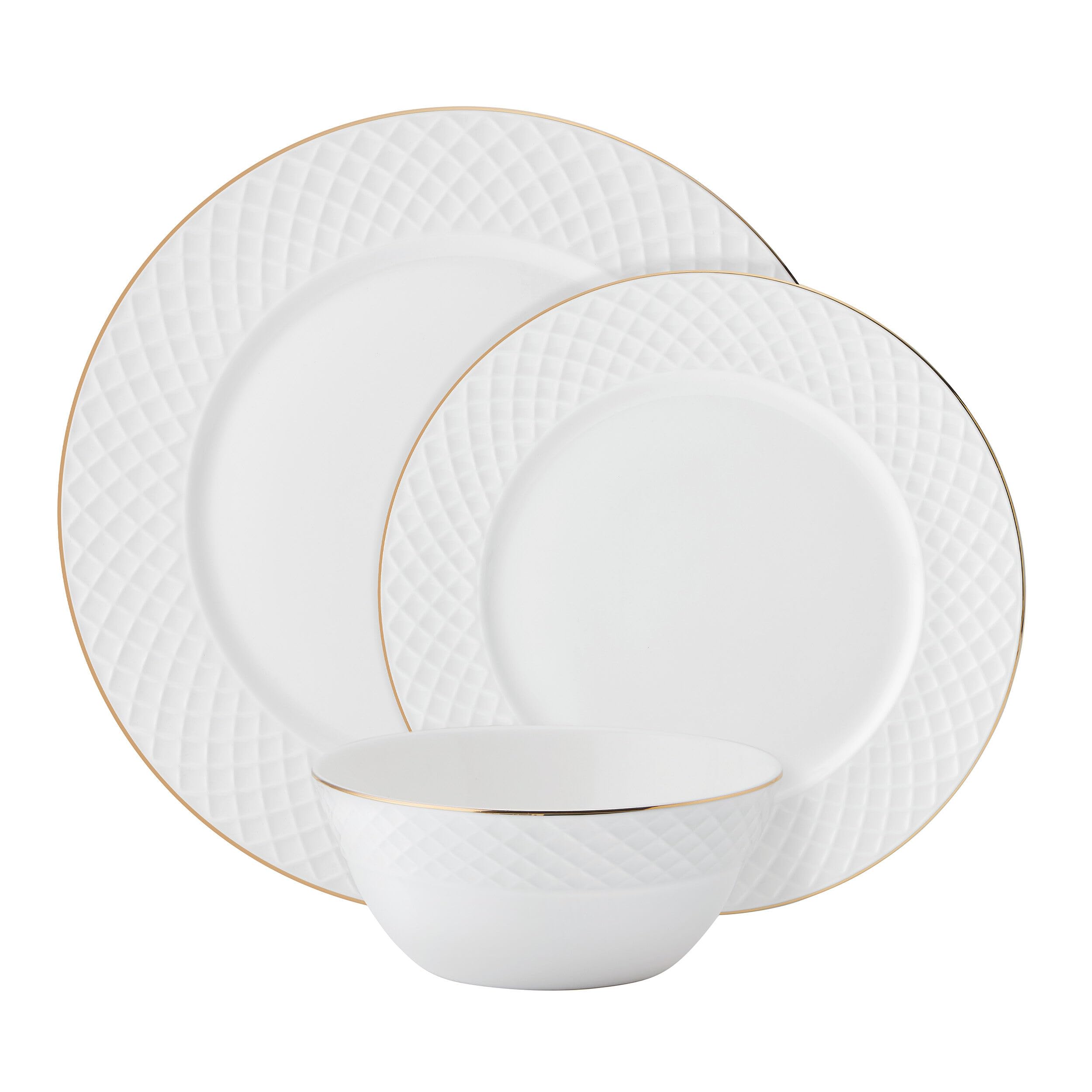 Mikasa Trellis - Vajilla de porcelana china con borde dorado, ligera, resistente a las astillas, 12 piezas, servicio para 4