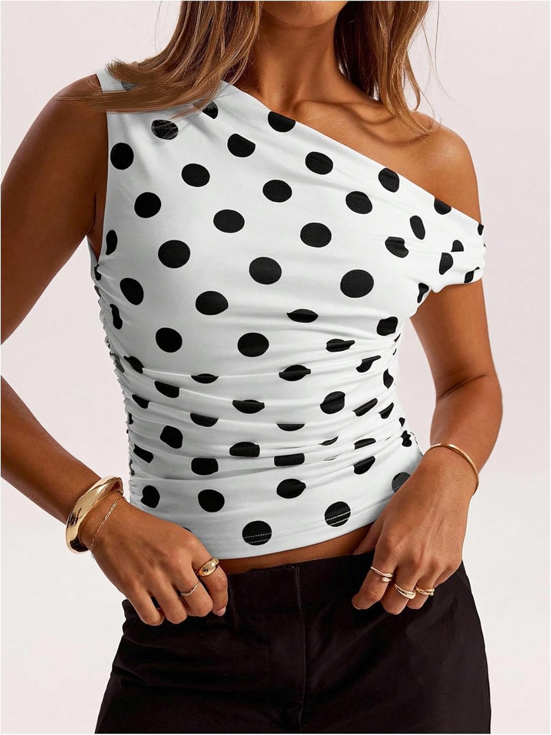 MakeMeChic Women's Polka Dots Asymmetrical Tops Going Out Y2k Crop Tops - Image 2