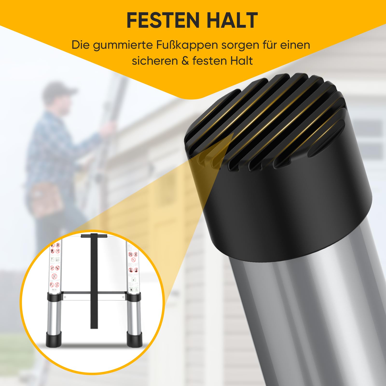 Teleskopleiter, Ausziehleiter mit 11 Sprossen, Max. Arbeitshöhe 3,95 m, Mit Klettverschluss, Leicht zu Verstauen & Transport, Klappbar, Platzsparend, Belastbar bis 150 kg (Leiterlänge 3,2 m)