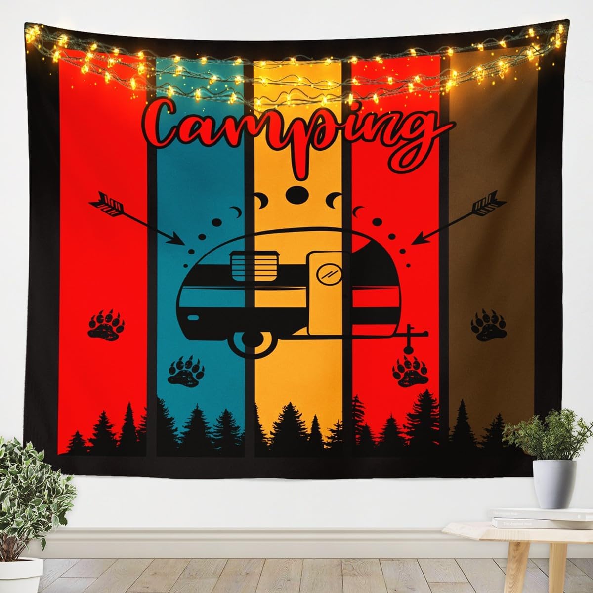 Happy Camping Kids Tapestry,Bear Claw Pines Rustic Farmhouse Cabin Wall Tapestries,Boys Girls Men Room Decor,Camper Adventure Hunting Wall Hanging,Retro Home Wall Decor,Large 59.1 x 82.7 Inches