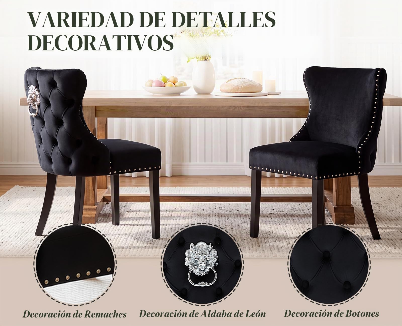 chairus 2PCS Sillas de Comedor con Decoración de León, Negro
