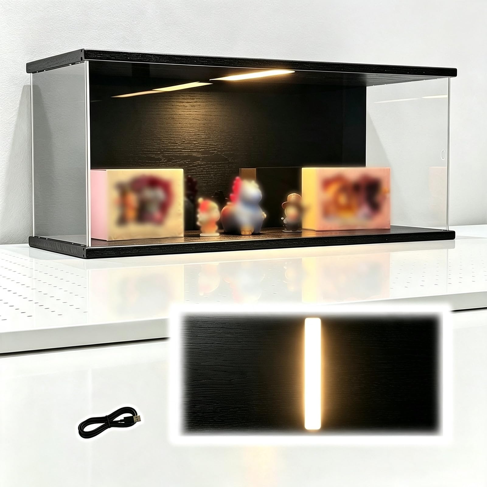 Teca Plexiglass Luce a LED, Scatola in Acrilico con Retro Nero, Vetrina | Vetrina Illuminata con Base e Coperchio in Legno, Organizer con Anta Scorrevole per Statuette con Testa Oscillante