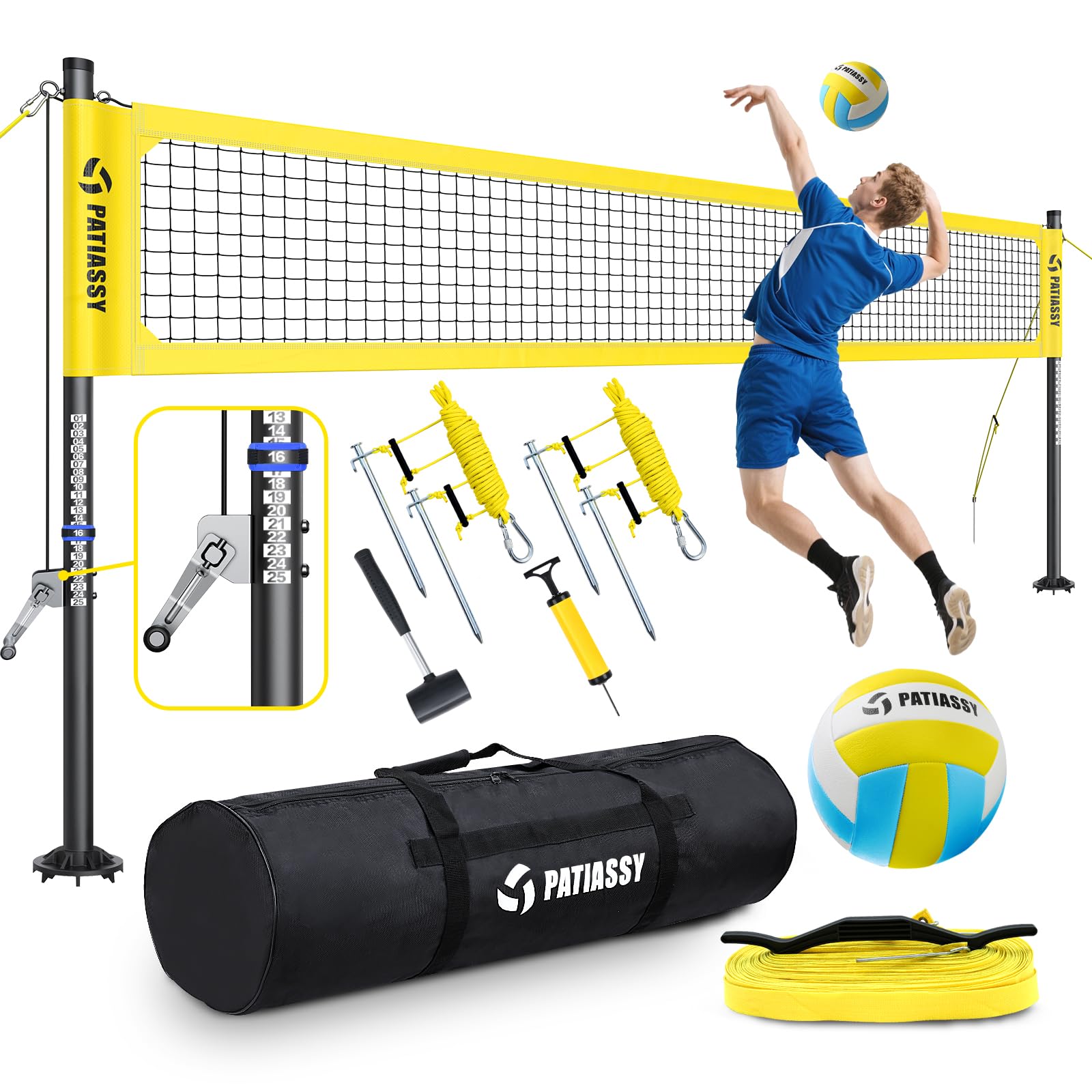 Heavy Duty Professional Volleyball Net Set for Backyard & Beach, 32-Ply Reinforced Net with Steel Anti-Sag Winch, Height-Adjustable Rust-Proof Aluminum Poles & Portable Carry Bag