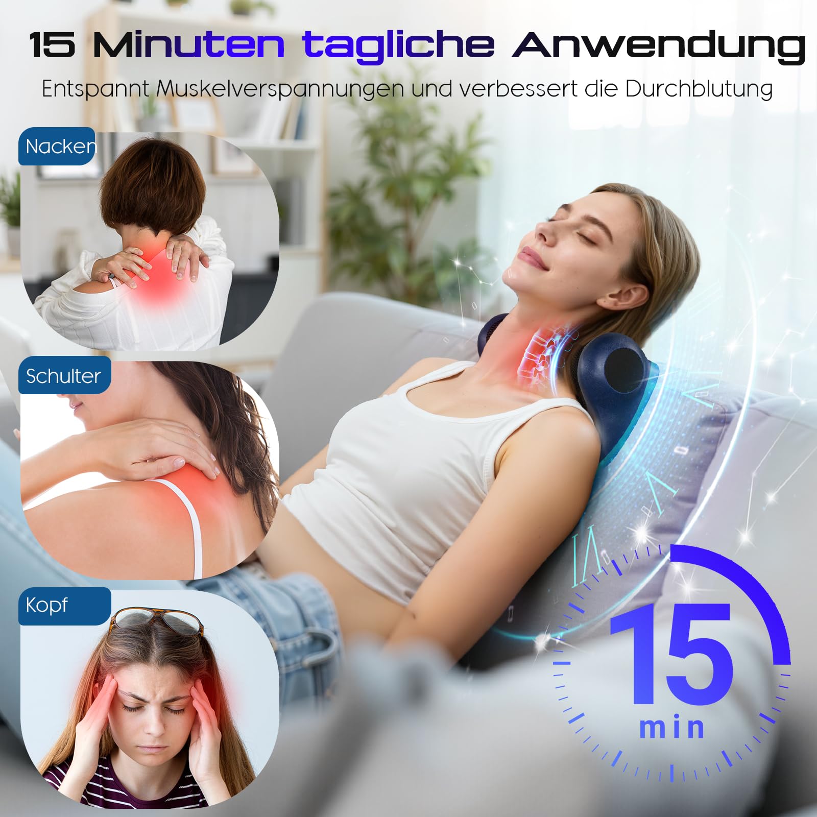 Nackenmassagegerät mit Wärme 3 Temperaturen (41-45°C), 3 Vibrationsmodi kabellos U-Form ergonomisch lindert Nacken Schulter & Rückenschmerzen Massagekissen, Geschenk für Damen Herren Eltern