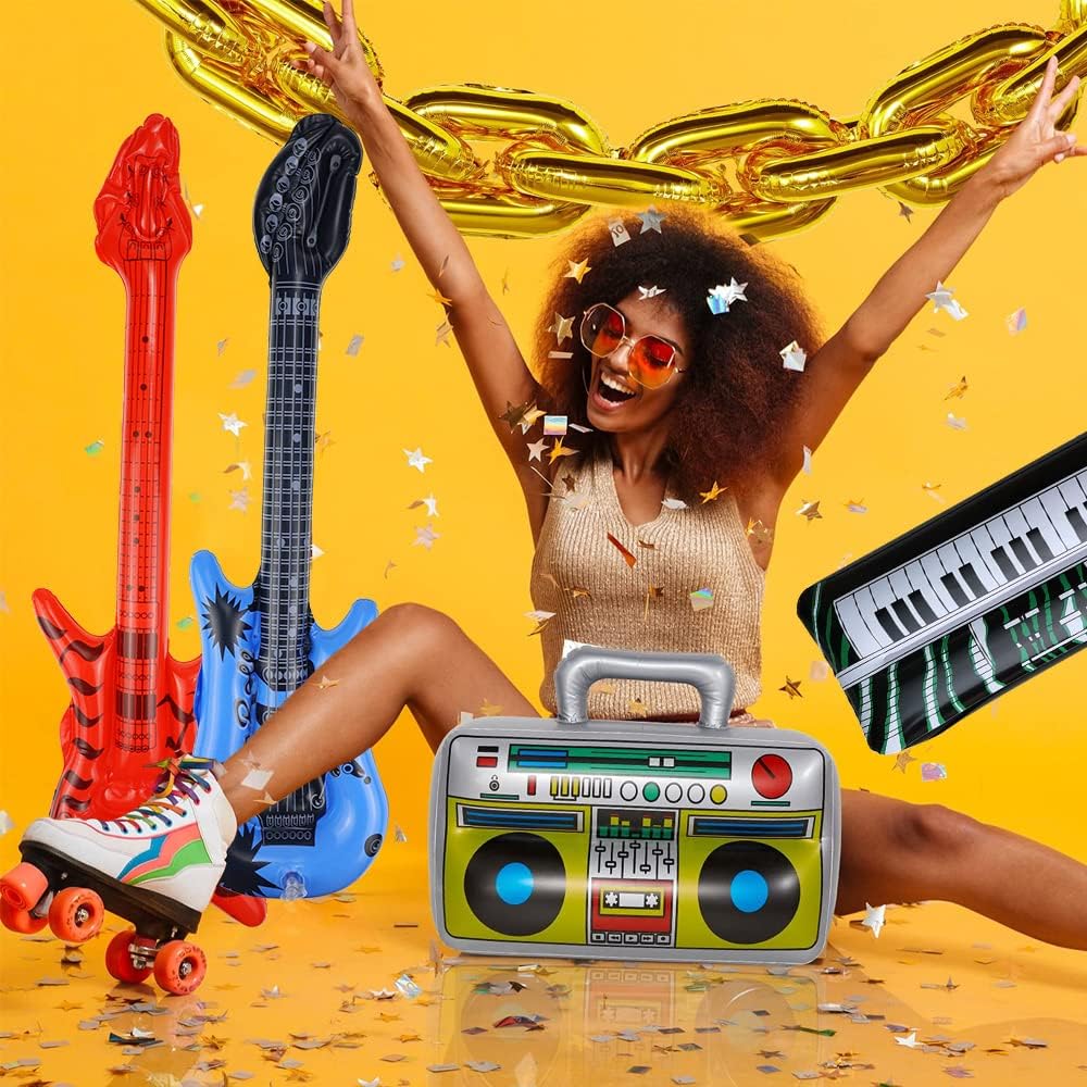 16 Piezas Instrumentos Inflables Rock Colorido Inflable Guitarra Micrófonos Saxofón Inflable Piano Inflable Bajo Inflable Gafas de Radio + Bomba de Aire para Celebraciones Carnaval