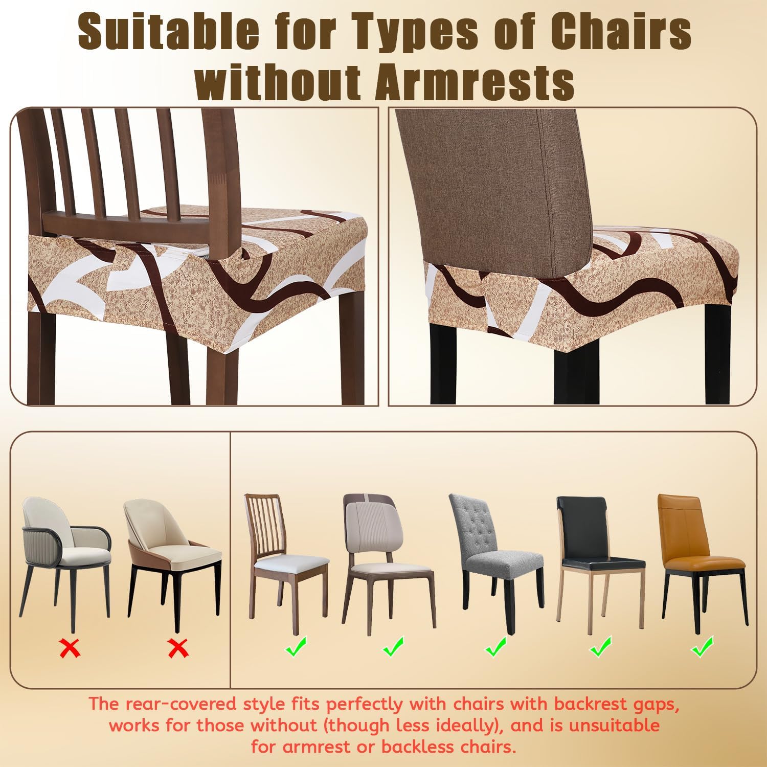 JQinHome Waterproof Dining Chair Seat Covers Set of 6 | Soft Removable Washable Chair Covers for Dining Room,Rear Gap Hook-and-Loop| Elastic Non-Slip, Full Rear Coverage | Beige Printed