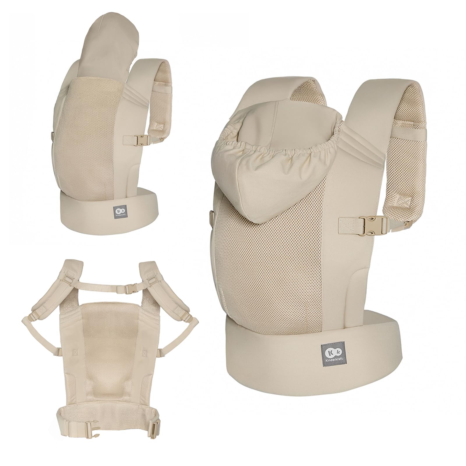 Kinderkraft ergonomische Babytrage CARRYBEE ab 3 Monaten bis 20 kg, verstellbar, feste Kapuze, aus Baumwolle und atmungsaktivem Polyester-Mesh, leicht, Beige