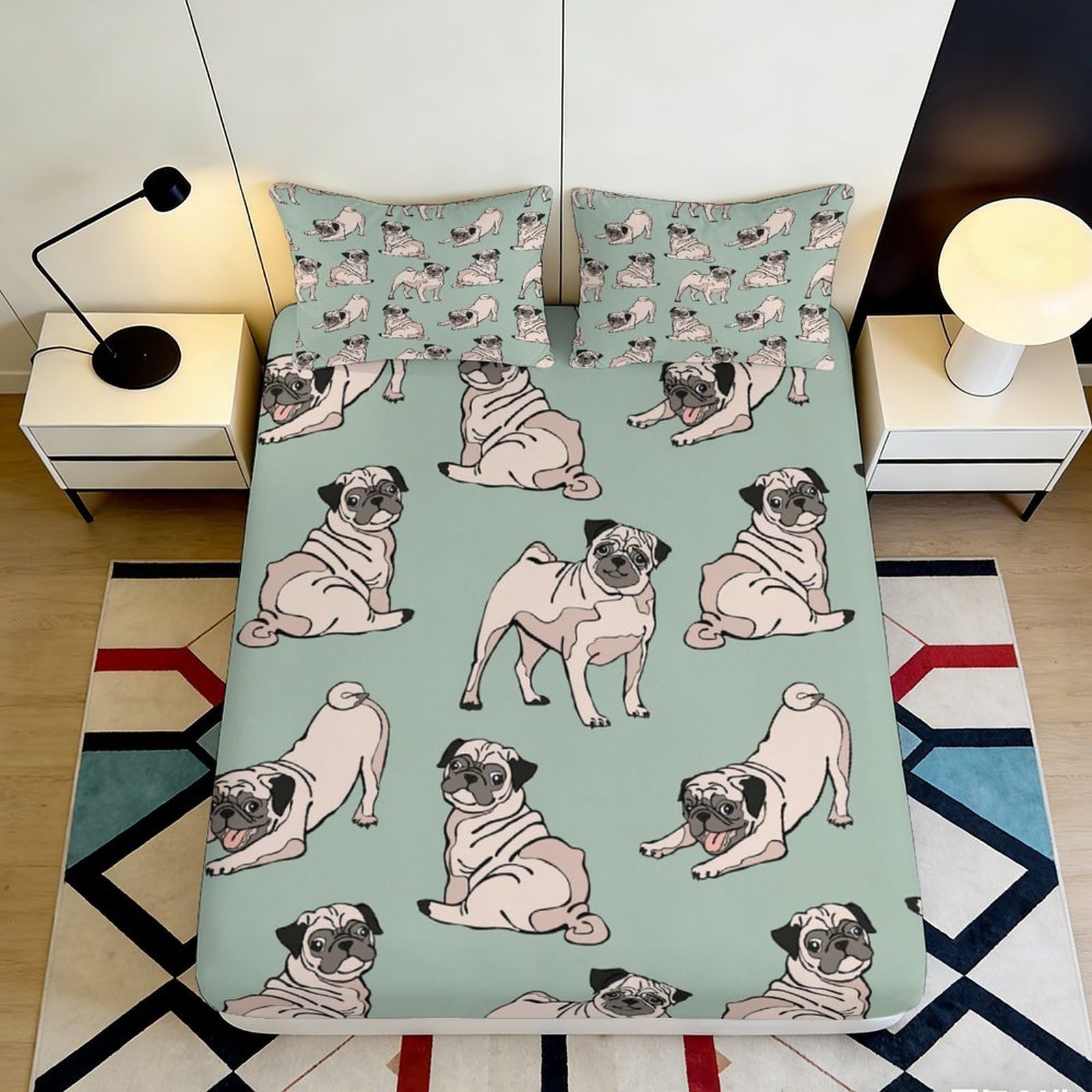 3D Printed Cute Pug Dog Fitted Sheet Microfiber Non Slip Bed Cover for Bedroom Dorm Mattress Protection Gift 120x200cm 160x200x25cm