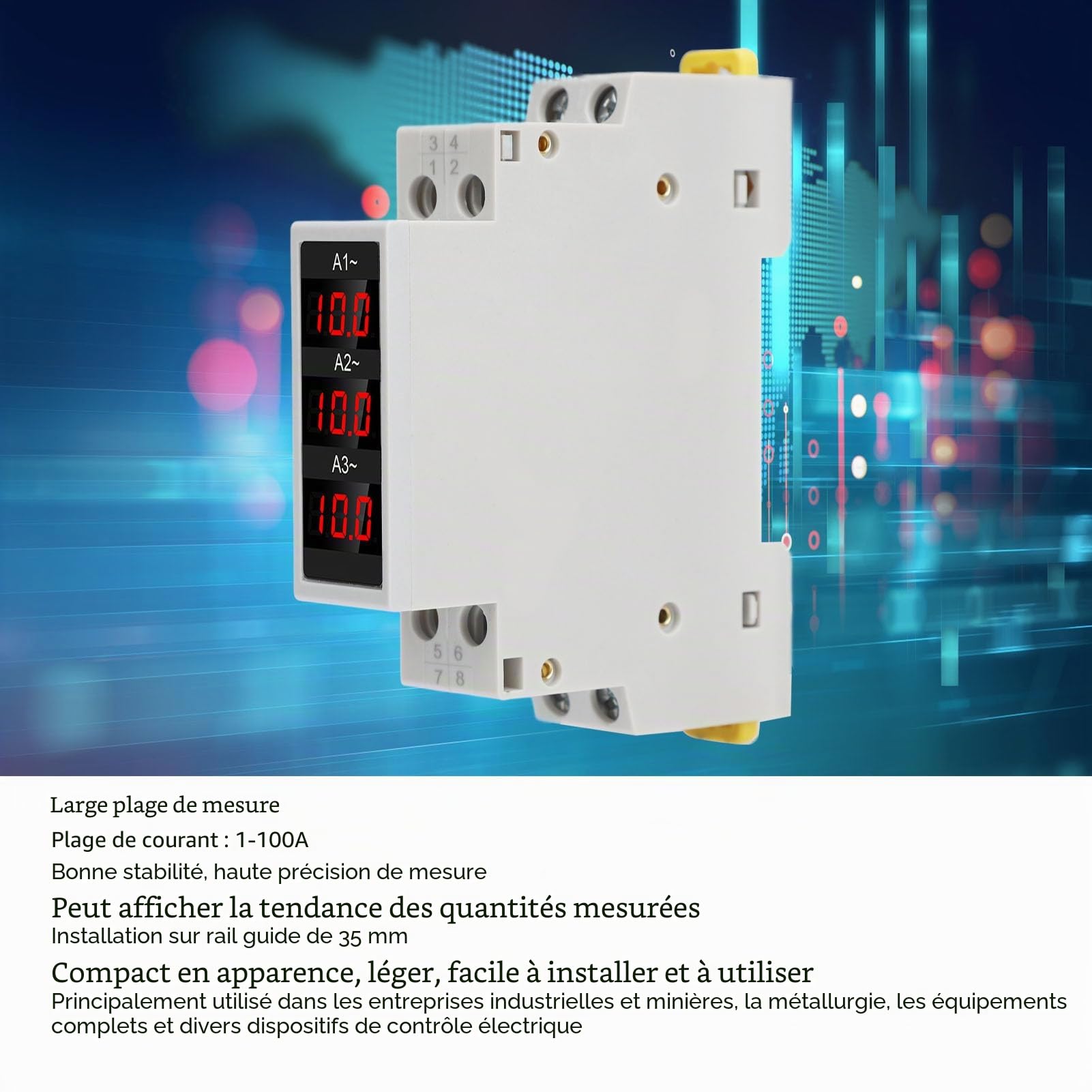 Ampèremètre sur Rail DIN triphasé, Ampèremètre sur Rail DIN à Affichage Numérique LED, Ampèremètre de Haute Précision avec 3 Capteurs AC80-500V 1-100A, Affichage des Tendances de
