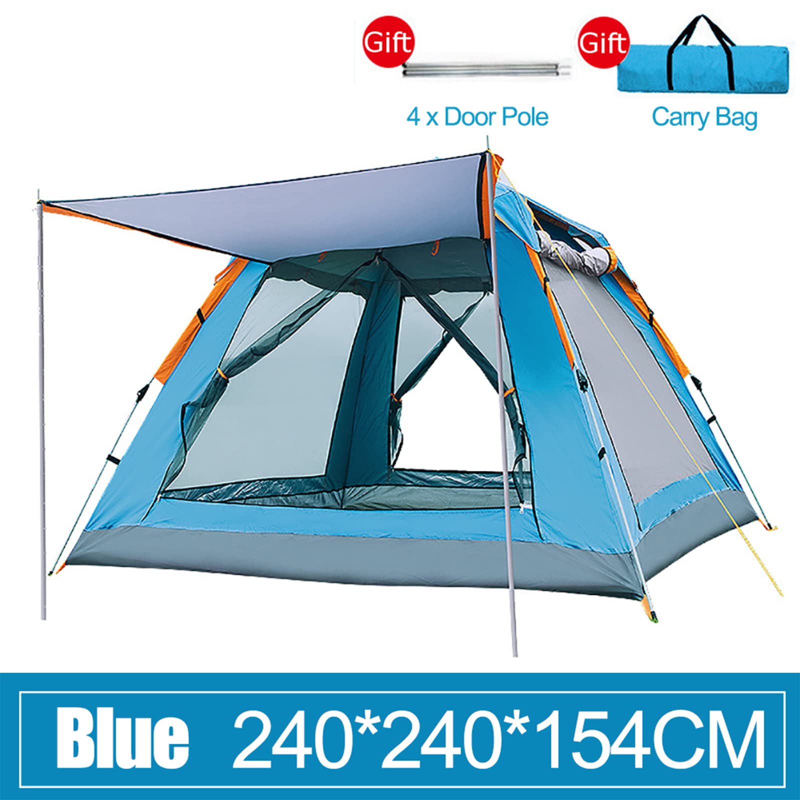 Automatisches Speed-Open-Zelt für 3–4 Personen, Familienkabinenzelte, 2 Türen und 2 Fenster mit Mesh, Wasserdichtes Outdoor-Campingzubehör