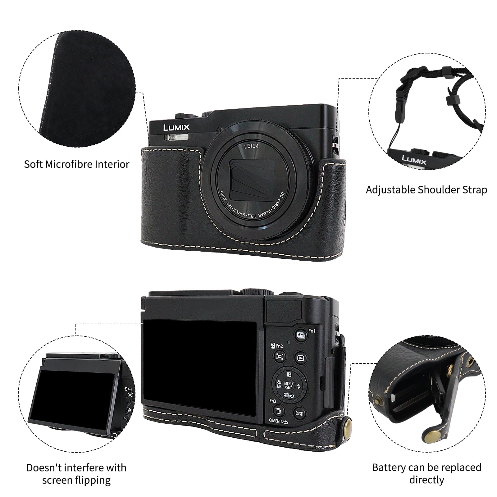 Rieibi TZ99 Étui en Cuir PU pour Appareil Photo Panasonic Lumix DC-TZ99, étui de Protection Amovible avec bandoulière réglable