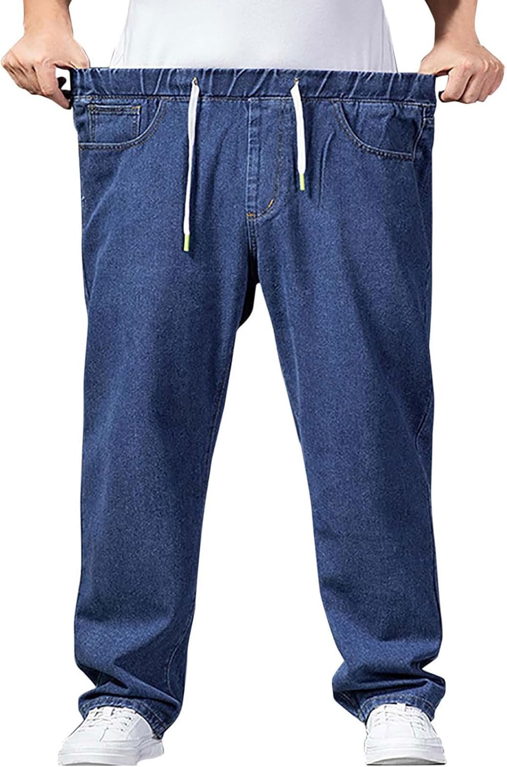 Djeanxa Men's Plus Size Elastic Waist Drawstring Jeans, Casual Straight Leg Jeans, S-4XL