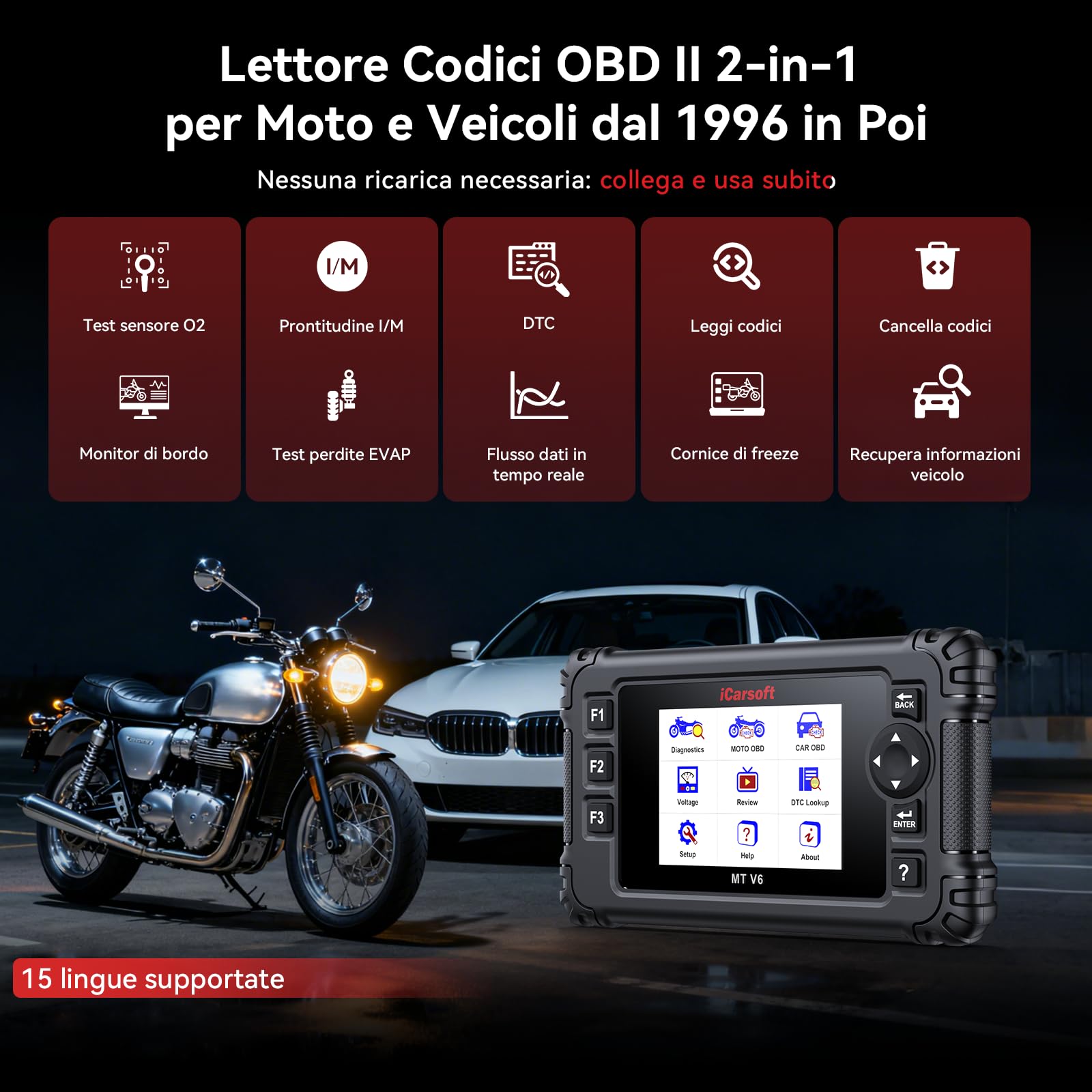 iCarsoft MT V6 - Scanner diagnostico per moto Triumph, lettore di codici OBD2, diagnostica completa del sistema, 58 servizi di manutenzione, 55 test bidirezionali, lettura/cancellazione dei codici di