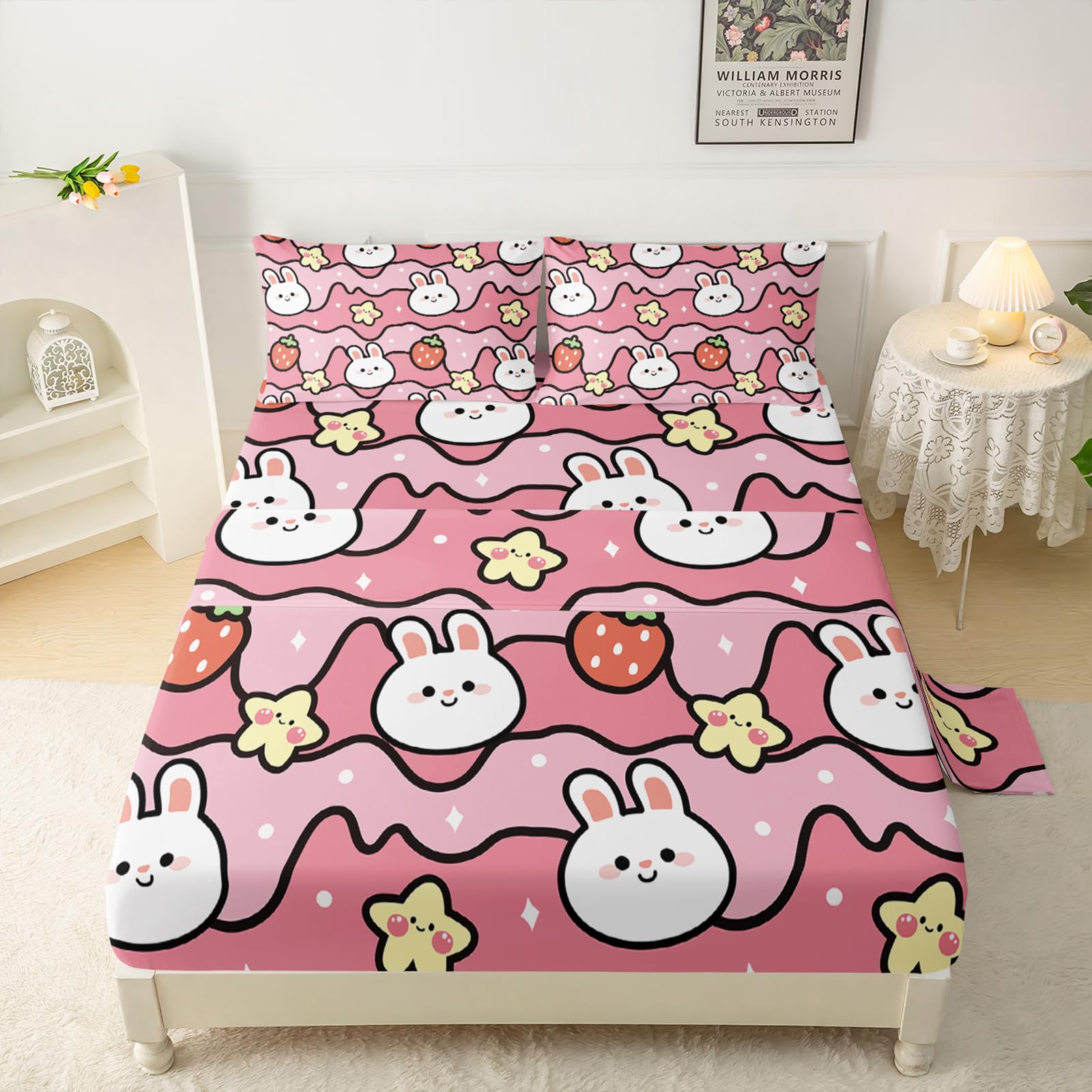 QOOMO Kawaii Rabbit Sheet Set, Pink Strawberry Bunny