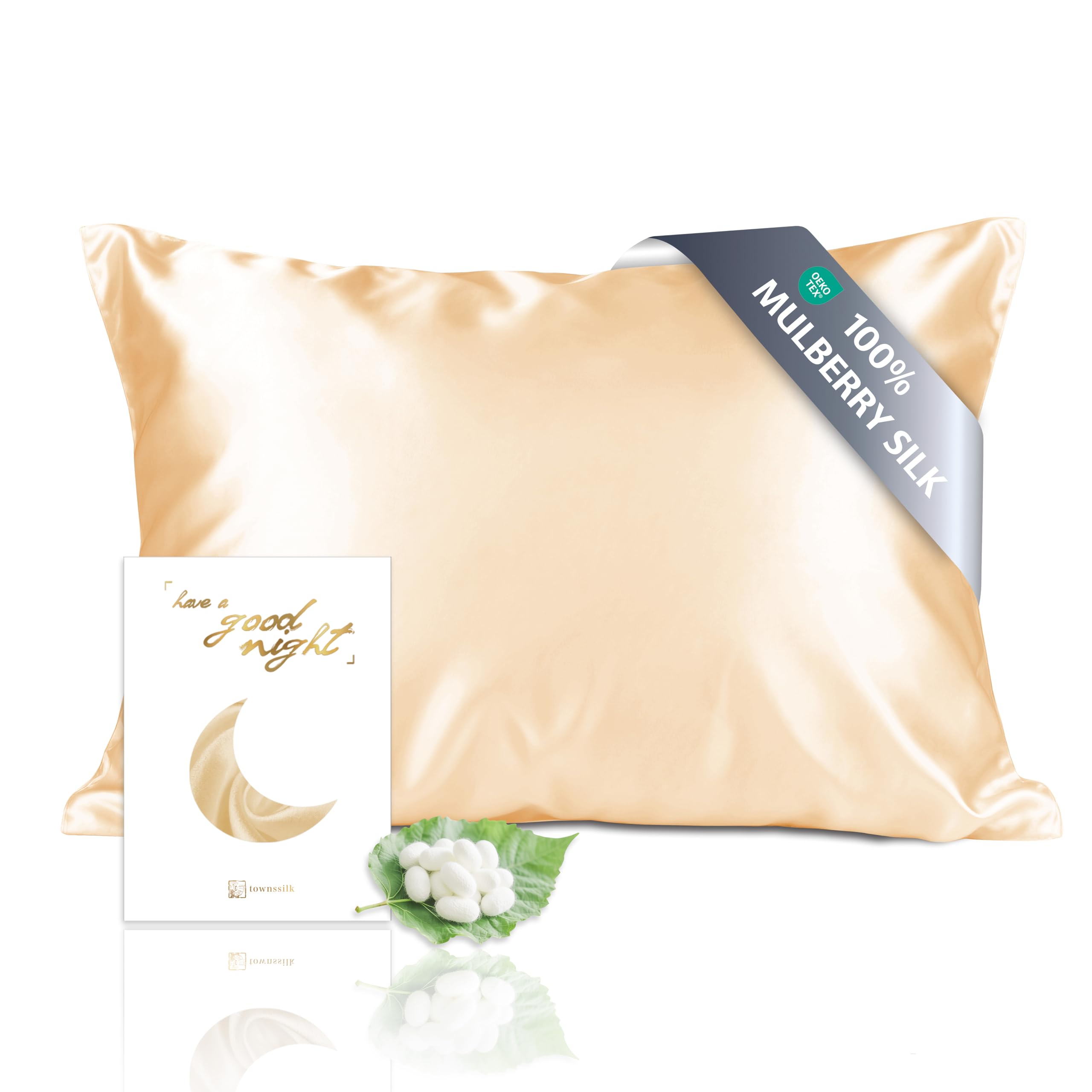 townssilk Federa seta cuscino,100% naturale seta di gelso 19momme,doppia faccia,benefica per capelli e pelle,ipoallergenica,cerniera nascosta,1 pz,50x75cm,Oro champagne