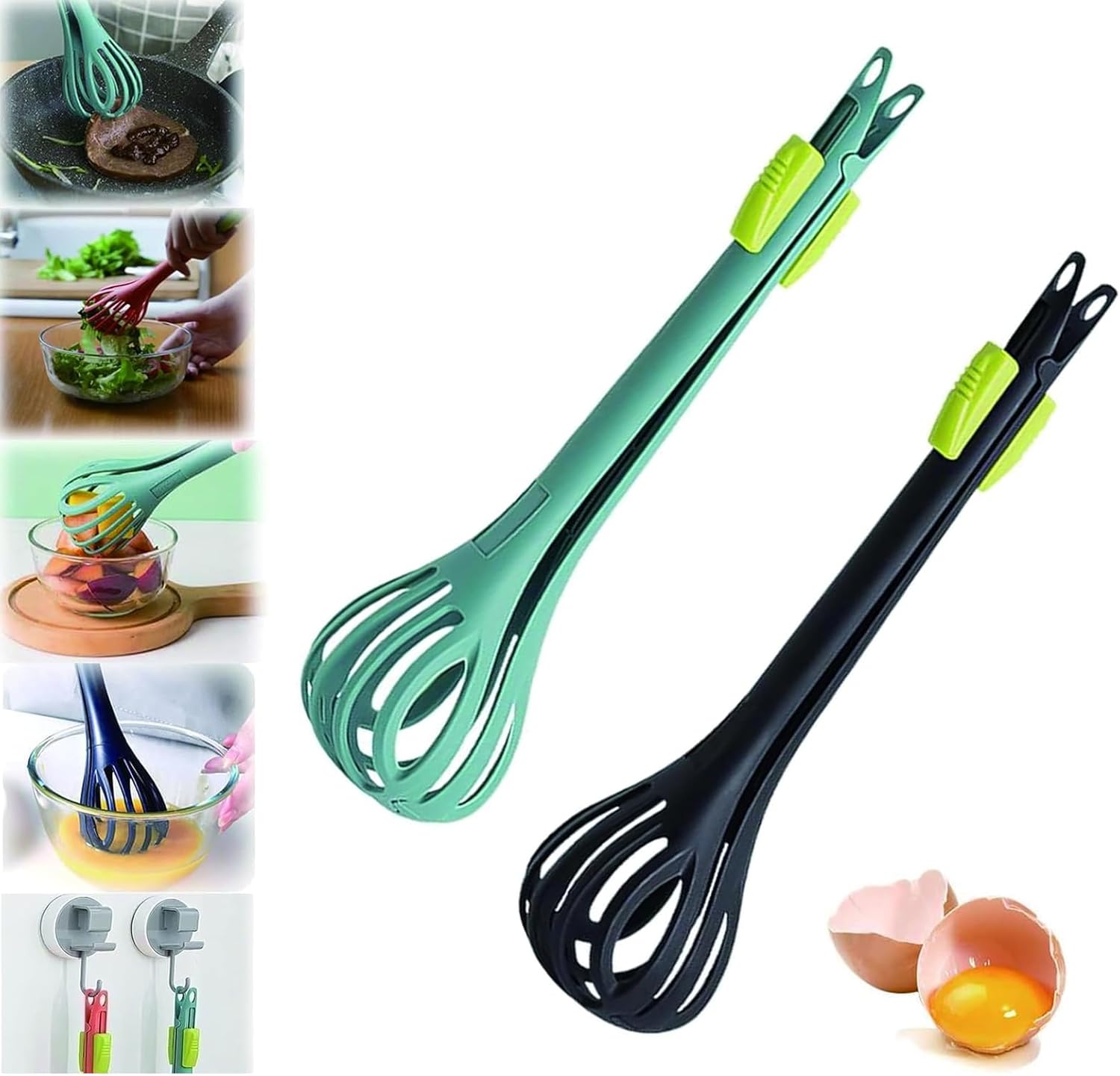 Manual Egg Beater, 2 in 1 Food Clip Egg Whisk, Household Food Tongs, Handheld Egg Whisk Blender Bread Clip, Kitchen Tool for Cooking Salads Mixing Gripping Stirring Baking (Green+Black) Manual Egg Beater, 2 in 1 Food Clip Egg Whisk, Household Food Tongs, Handheld Egg Whisk Blender Bread Clip, Kitchen Tool for Cooking Salads Mixing Gripping Stirring Baking (Green+Black)