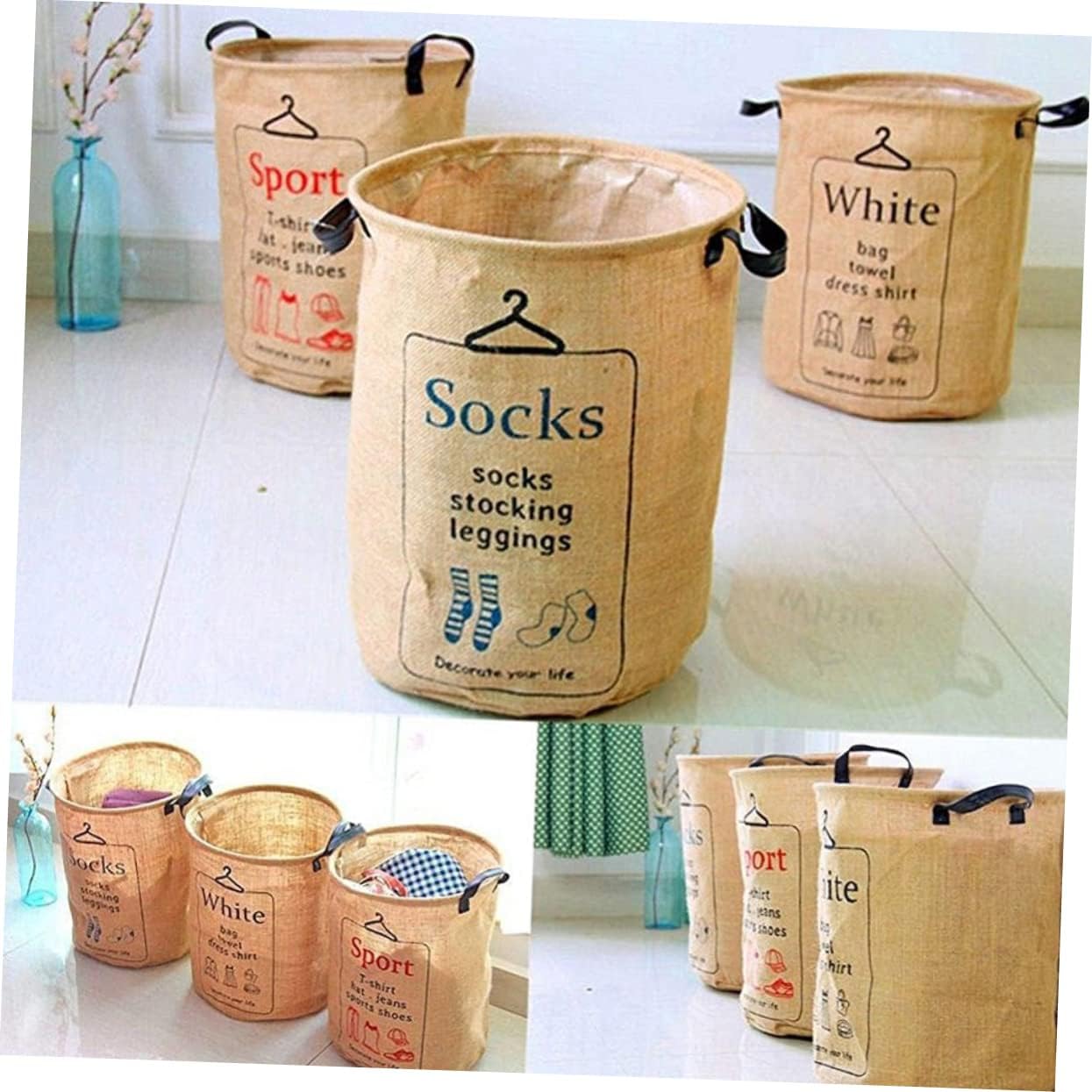 CHILDWEET Jute Laundry Basket Organizer with Socks Print Storage Basket for Clothes Soft Storage Bucket Decorative Laundry for Home Jute Compact Design