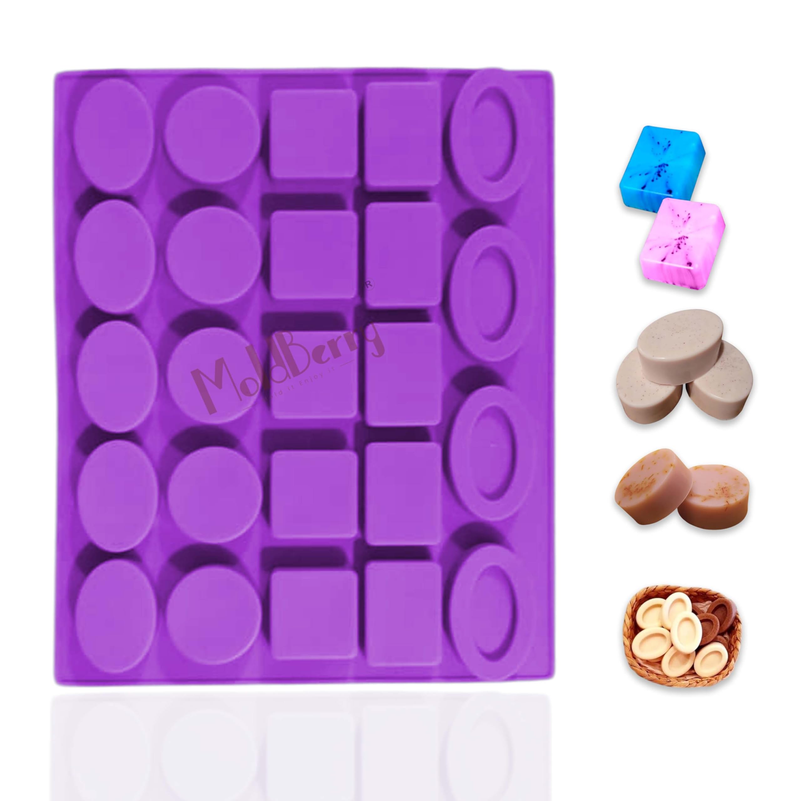 MoldBerry 20 Cavity Small Soap Mold | Multi-Shape Silicone Soap Making Mould (Round, Oval, Pears, Square, Rectangle) | Mini Soap Mould for Hotel Guest Soap, Sample Soap, DIY Bath Bar – Multicolor-image-28