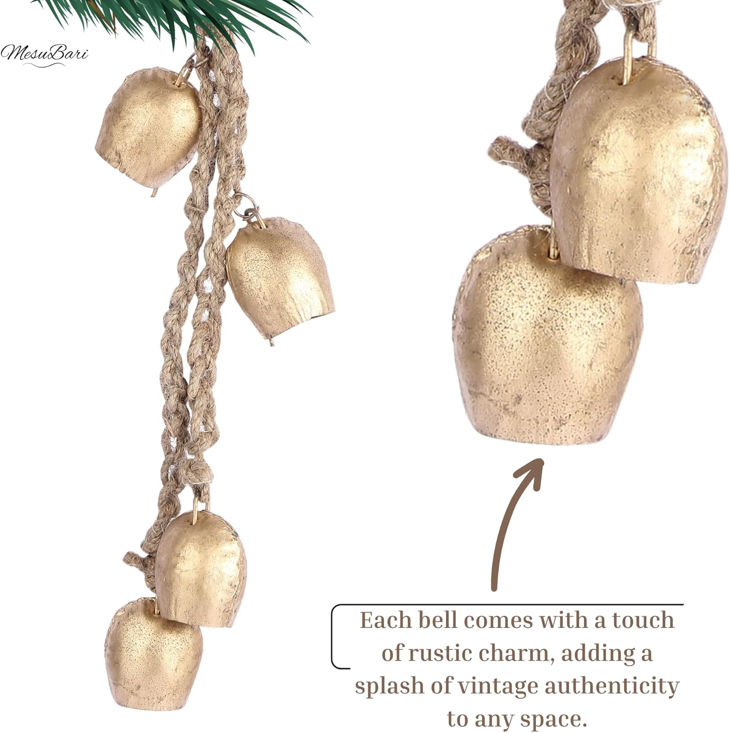 Gold Metal Vintage Wind Chimes - 1 Piece with 4 Hanging Chimes - Jute Hanging Rope, Tibetan Inspired Decorative Cow Bells, Door Hanging Bells for Home Decor, Weddings & Parties (15.5 Inches) - Image 3