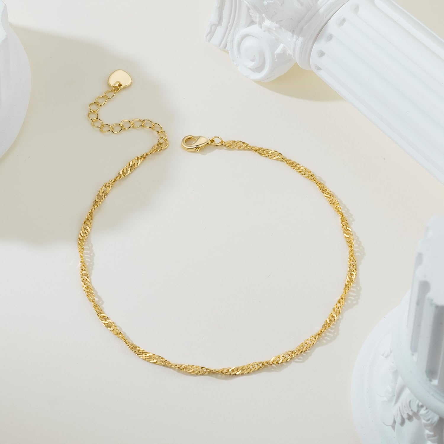 14K Gold Anklets for Women Gold Ankle Bracelet for Women Singapore Chain Mimics Gentle Ripples Singapore Ankle Bracelets for Womens - Image 3