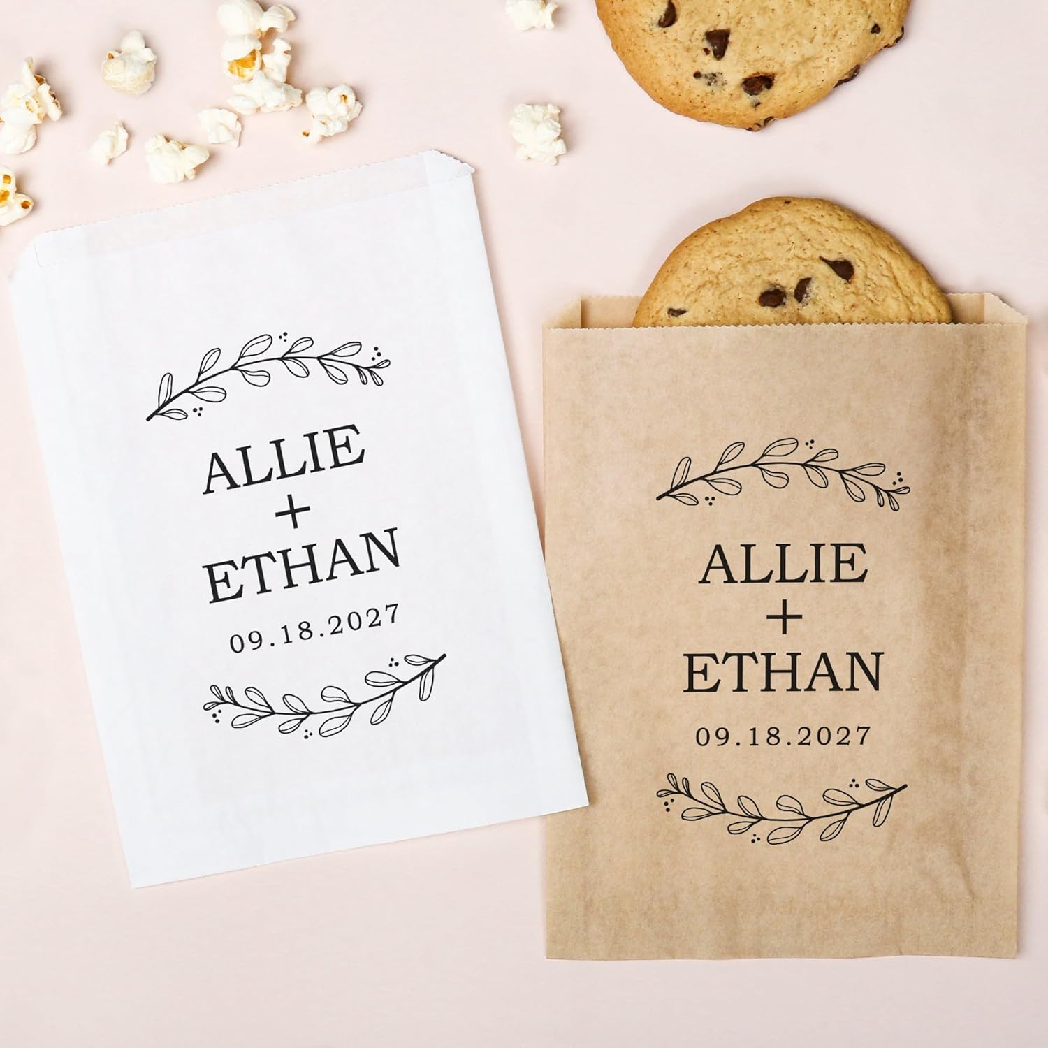 Big Dot of Happiness Personalized Rustic Leaves Paper Treat Bags, Custom Wedding Party Individual Candy Snack Favors, Greaseproof Kraft Brown Sandwich Cookie Bags - 25 Count