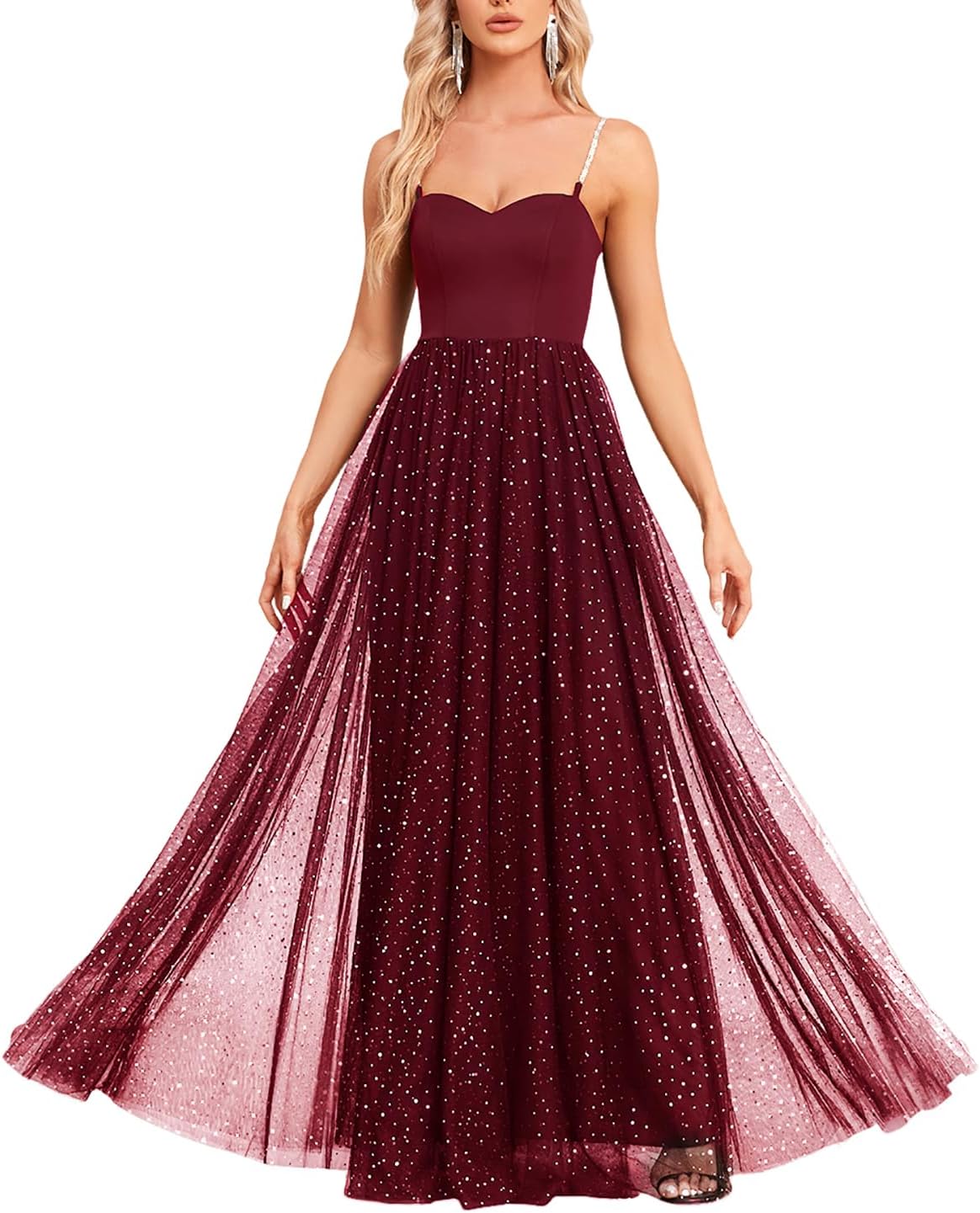 Women's Sparkly Prom Gowns Glitter Sequin Tulle A Line Long Formal Evening Gown Dresses High Waist Maxi Party Dress