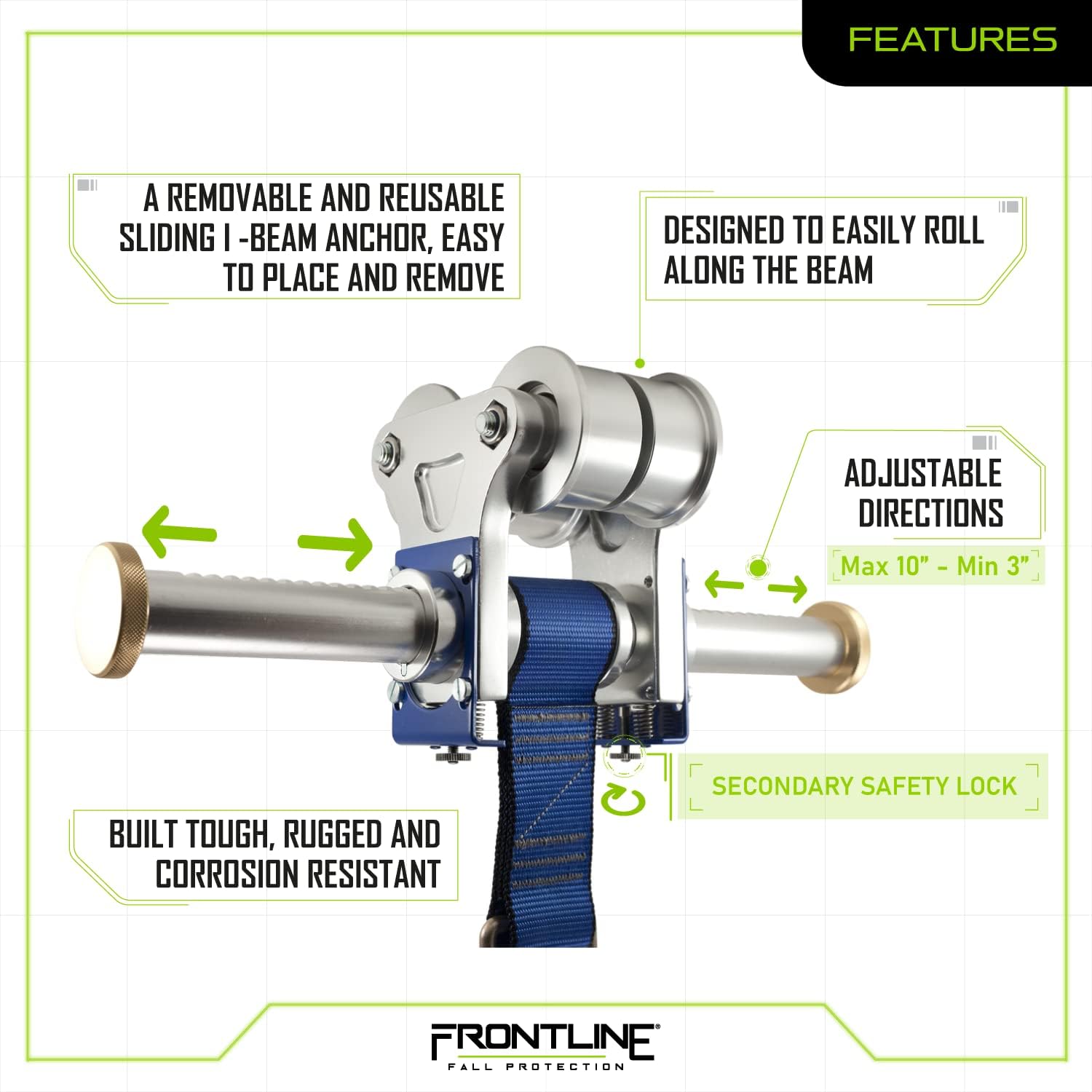 Frontline ST10HT Aluminum I-Beam Trolley Anchor for 3" - 10 | | 310lb Capacity 22kN Breaking Strength | ANSI & OSHA Compliant | Both Sliding and FixedAnchor