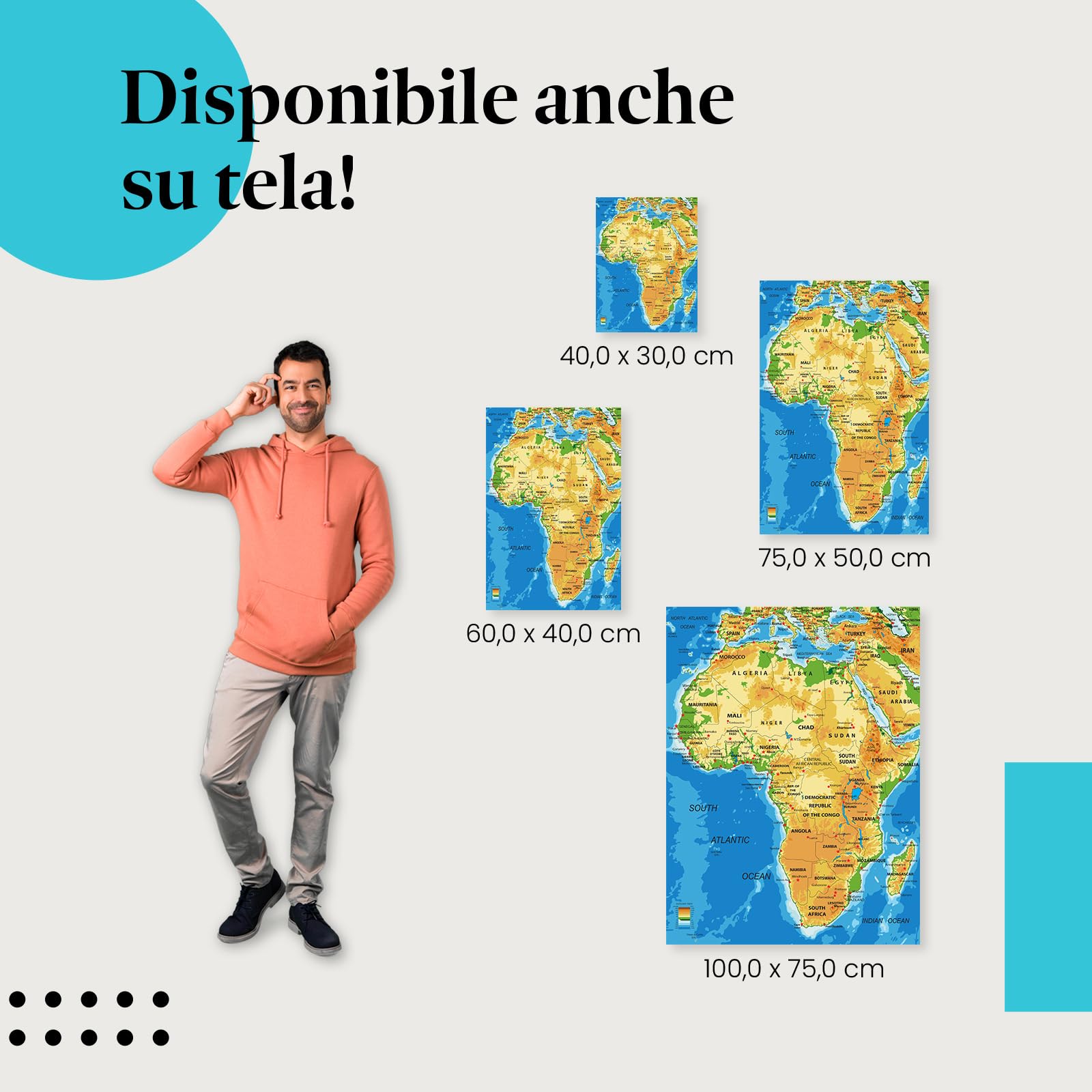 Postereck - 1043 - Mappa dell'Africa, capitali dei paesi in inglese - Decorazione Aula Scolastica, Materiale Didattico, Insegnamento, Quadri - Tela - 100,0 cm x 75,0 cm