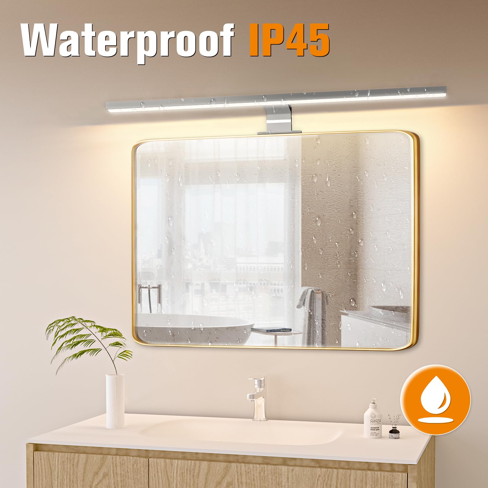APONUO Lámpara LED de Baño 60cm | Espejo de Luz 15W | 4000K | 6000K | 1500lm | IP44 | Iluminación de Armario de Maquillaje de Acero Inoxidable 600mm Con Interruptor