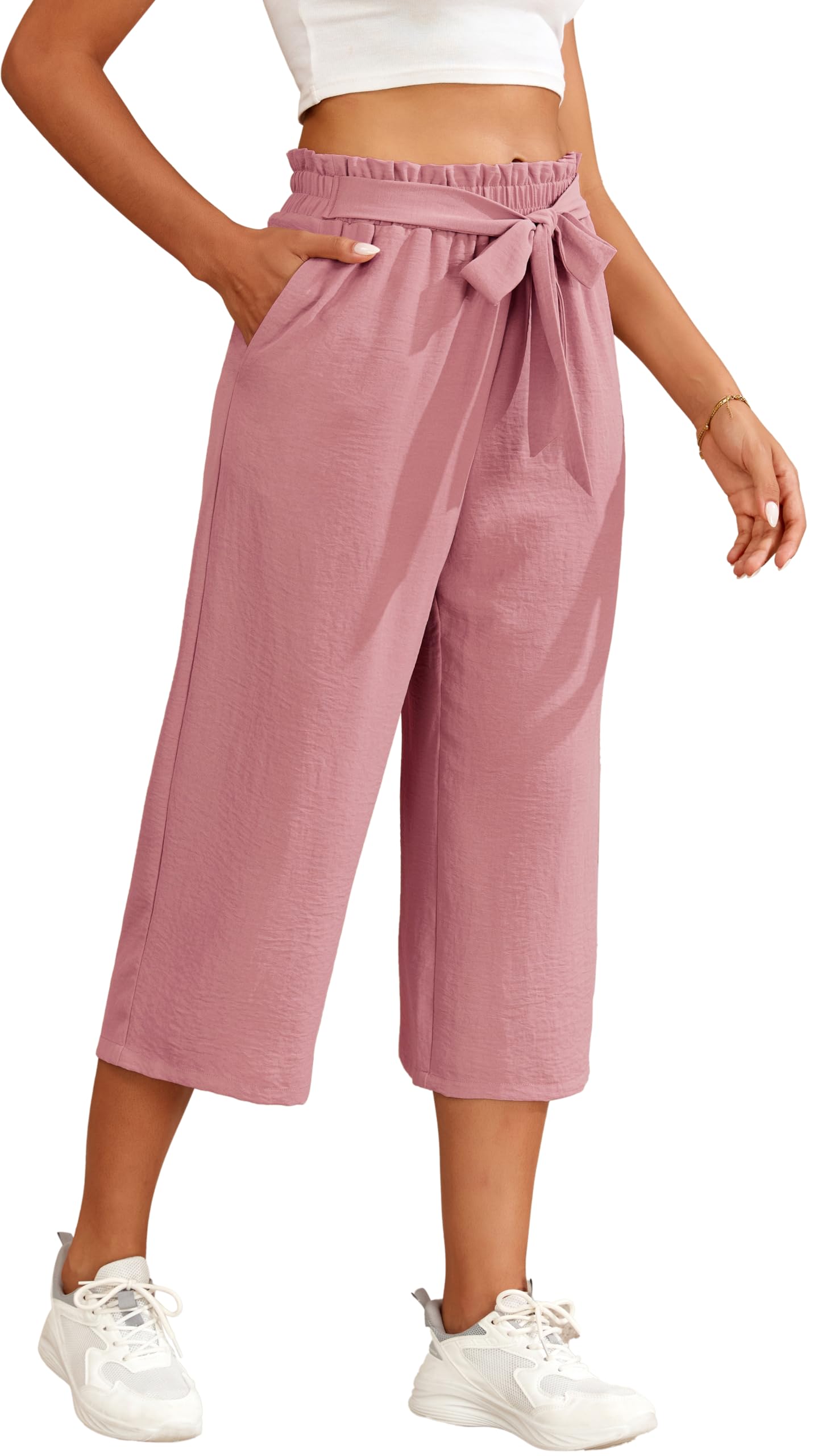 WUWUSKY Damen 3/4 Culotte Hose Leichte Sommerhose Weites Bein Lässig Hose Elegante Hosen mit Taschen